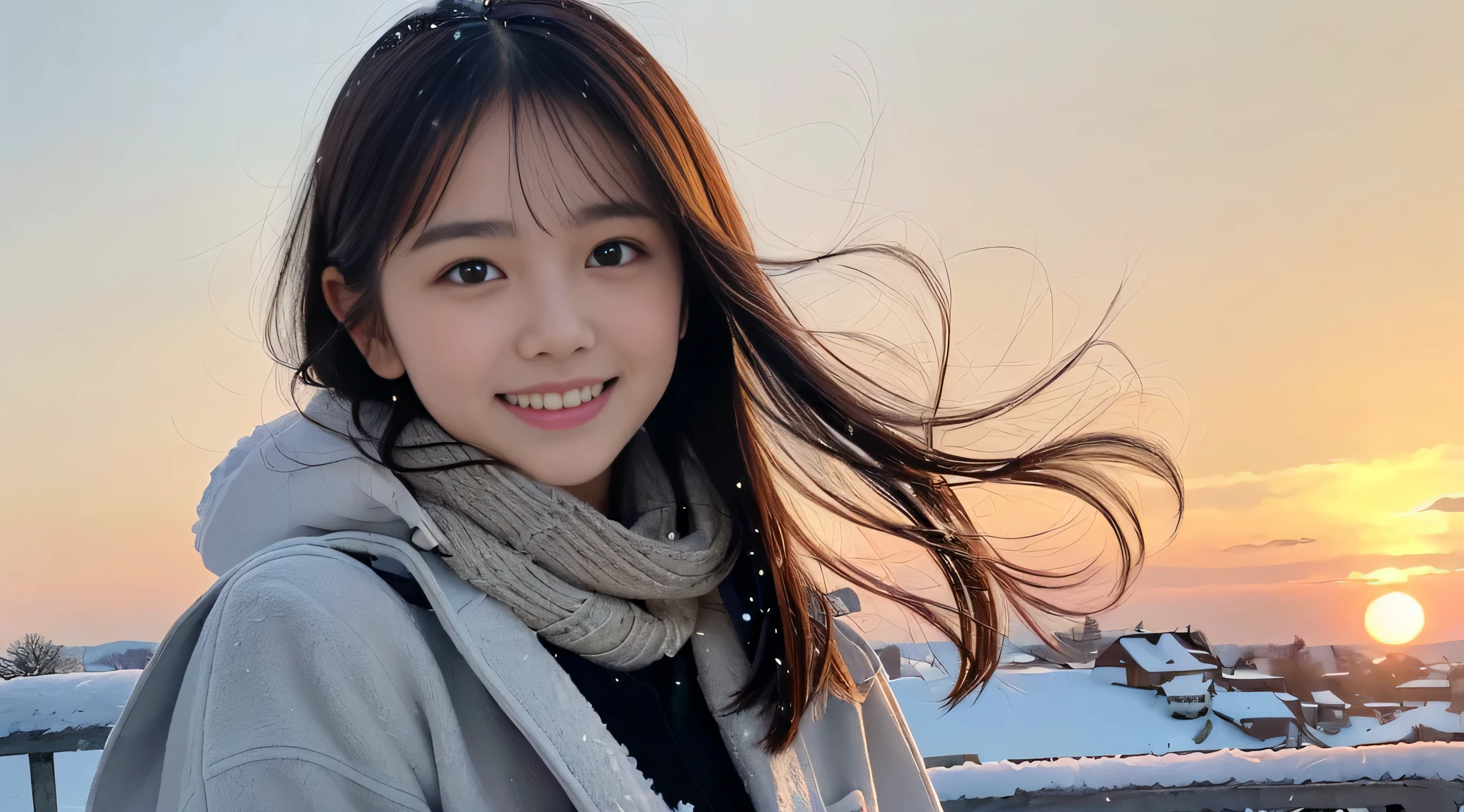 (Close-up portrait of a slim girl,Long gray hair,Dull bangs,wear winter clothes,White winter coat and gray scarf:1.5)、(A girl looked back,Smile shyly,Hair Fluttering in the Wind:1.3)、(Beautiful snow sunset and red sky:1.5)、(perfect anatomia:1.3)、(no face mask:1.3)、(Complete fingers:1.hot reality、photography、On a table、quality、A high resolution, prette、The face shape is perfect、Beautiful and delicate eye skin、Real human skin、pores、((lean leglack hair color hair)