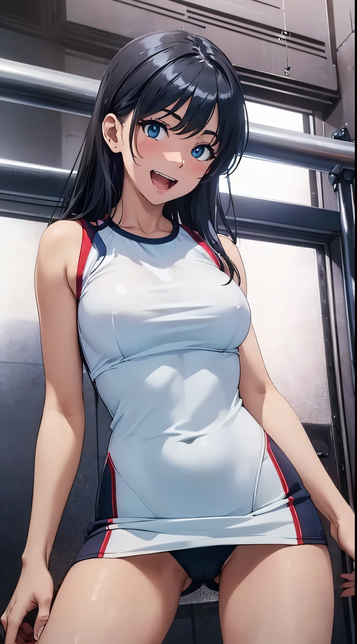 1womanl,Black hair,14years ,(()),Beautiful breasts,(((Sexy white and blue shiny gym clothes and micro skirt)))(())(((Blushing cheeks、Smile with open mouth)),(((Satin Narico))),((( portlate))),Crowds,Shiny white and blue gym clothes and microskirt,wet with sweat