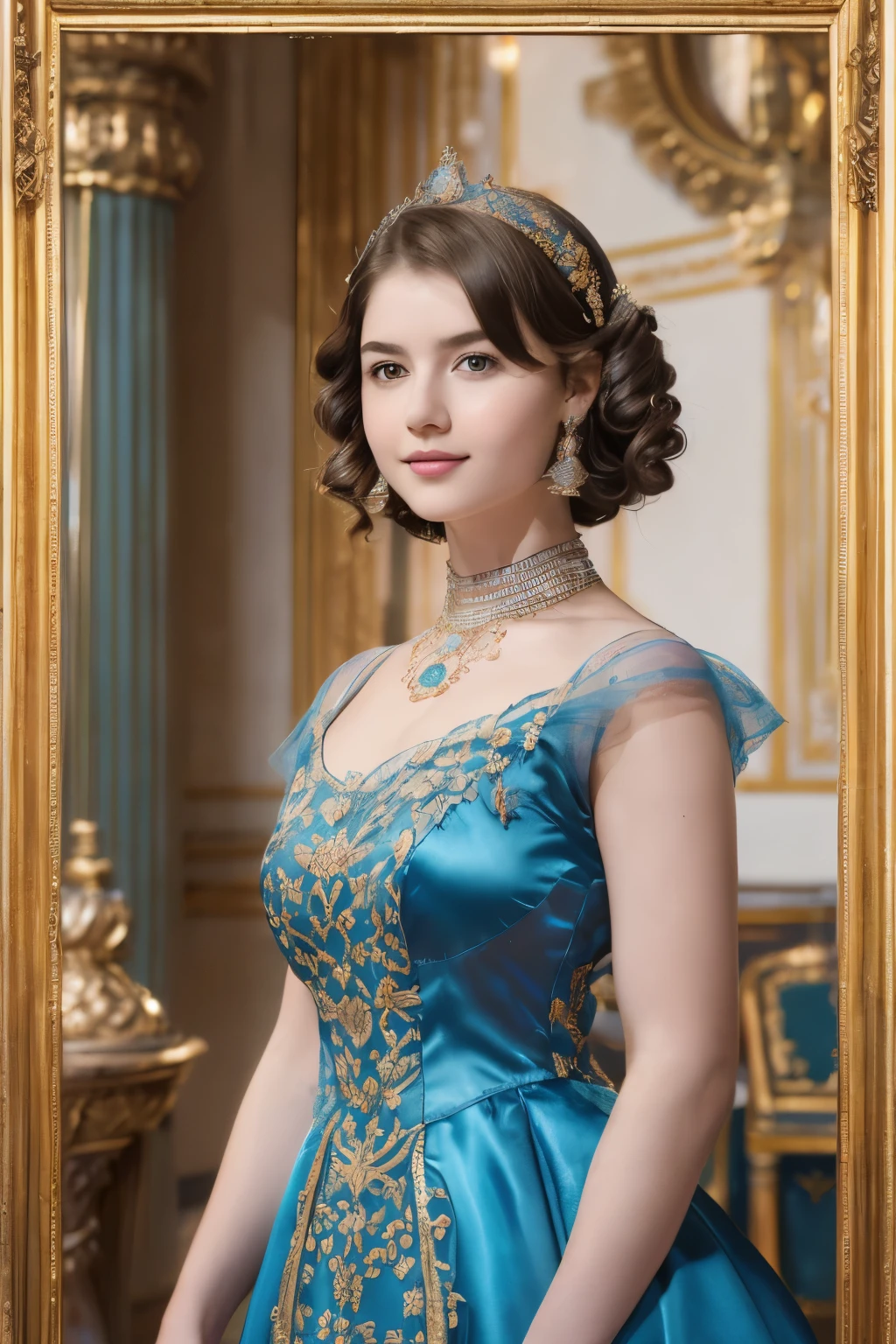 142
(a 20 yo woman,in the palace), (A hyper-realistic), (high-level image quality), ((beautiful hairstyle 46)), ((short-hair:1.46)), (kindly smile), (breasted:1.1), (lipsticks), (wearing a blue dress), (murky,wide,Luxurious room), (florals), (an oil painting、Rembrandt)