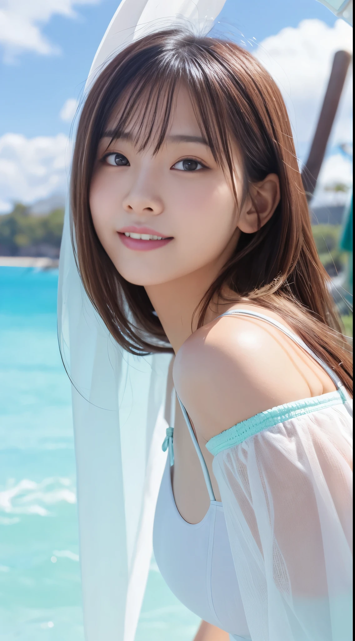 one girls、Mare、夏天、Into the cloud、parasol、Bokeh background、bright expression、long lashes、japanes、A dark-haired、Beautiful skin、Beautiful eyes shine