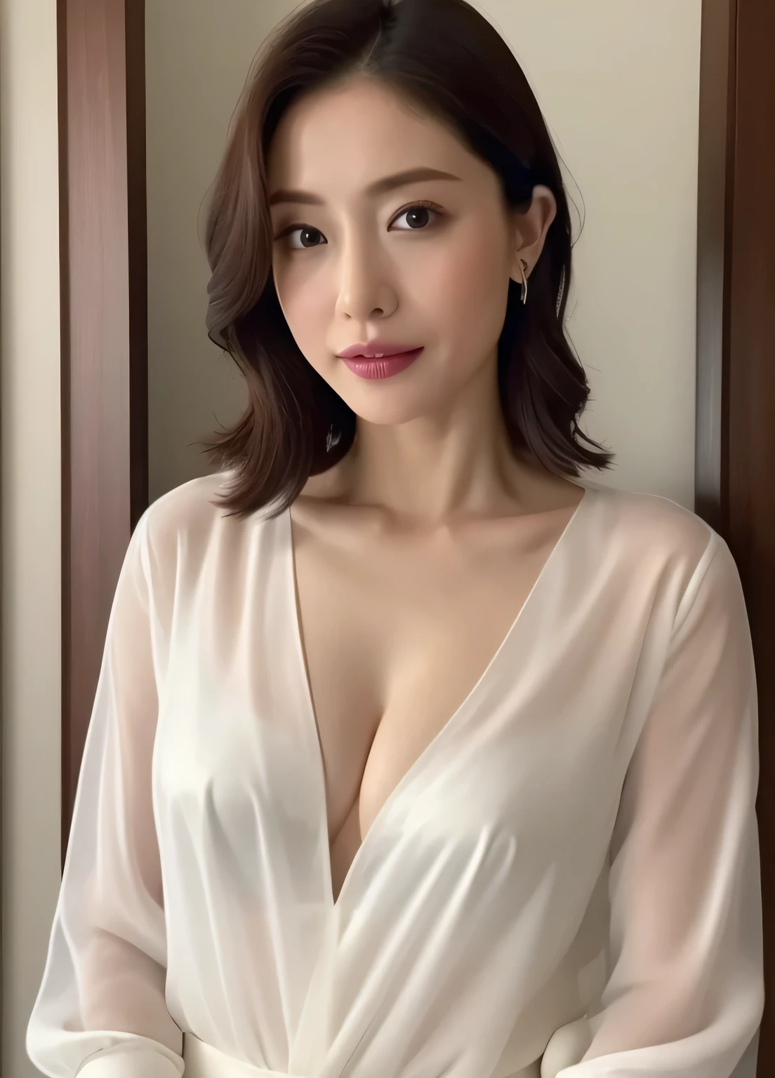 (top-quality,8K,masterpiece),
Colossal tits,Emphasizes cleavage,
makeup, elegant see-through white shirt,
obscenity, Erotic,Put your hands on your chest,
stares at the camera,Obscene look,starving,