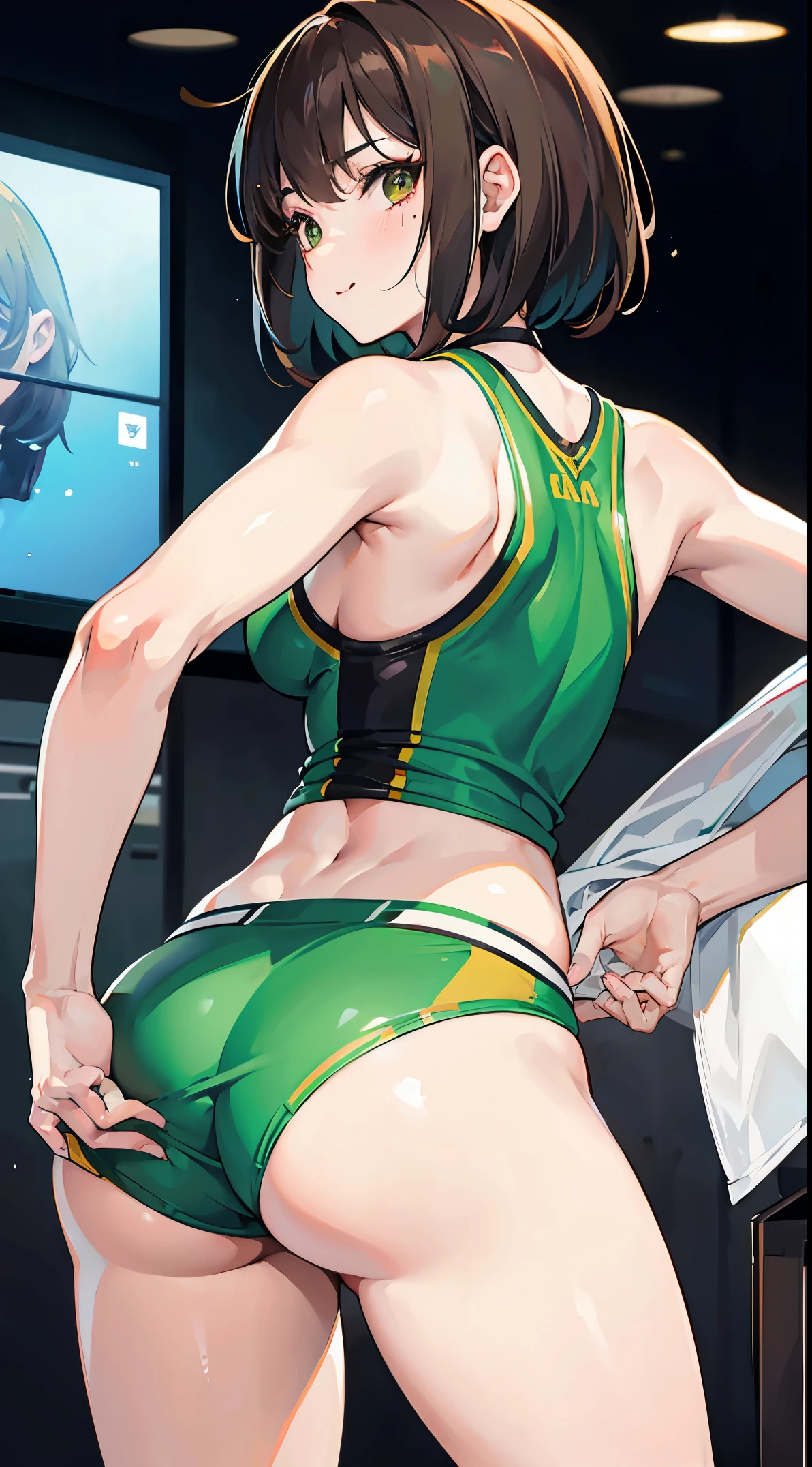 Under the legend,Chara,age girl,sexy for,green color,short crop top,hot pant,with short brown hair,The face is red,Underwear model,lust,Hand repair,the detail,X-rated, The clothes ar,k hd,no underwares,ssmile, television show,Upturned buttocks,out your tongue,Playful,Back Shadow,Buttocks close up,cleanness,Lace edges