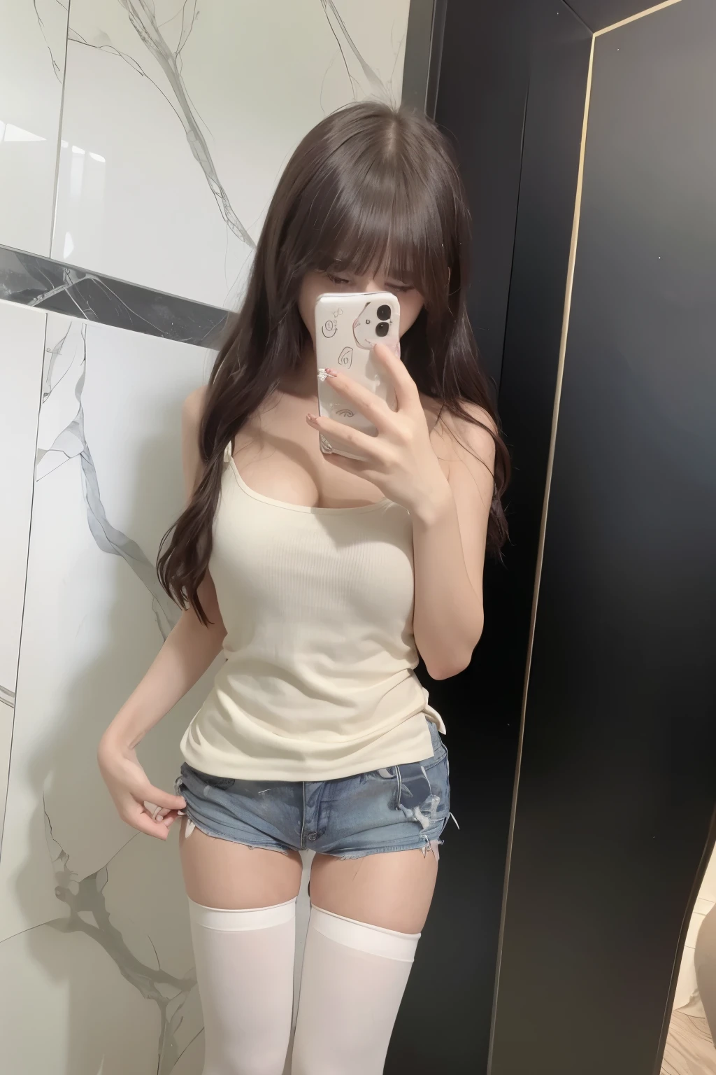 There is a woman in the bathroom mirror, photo of slim girl, 2 4 year old female model, Sexy look, thicc, wearing white camisole, upper part of body, 4k ], 4K], big breasts thin waist, Petite figure, Wear a vest, V-chest clothes, mid body shot, ulzzangs, cutecore,