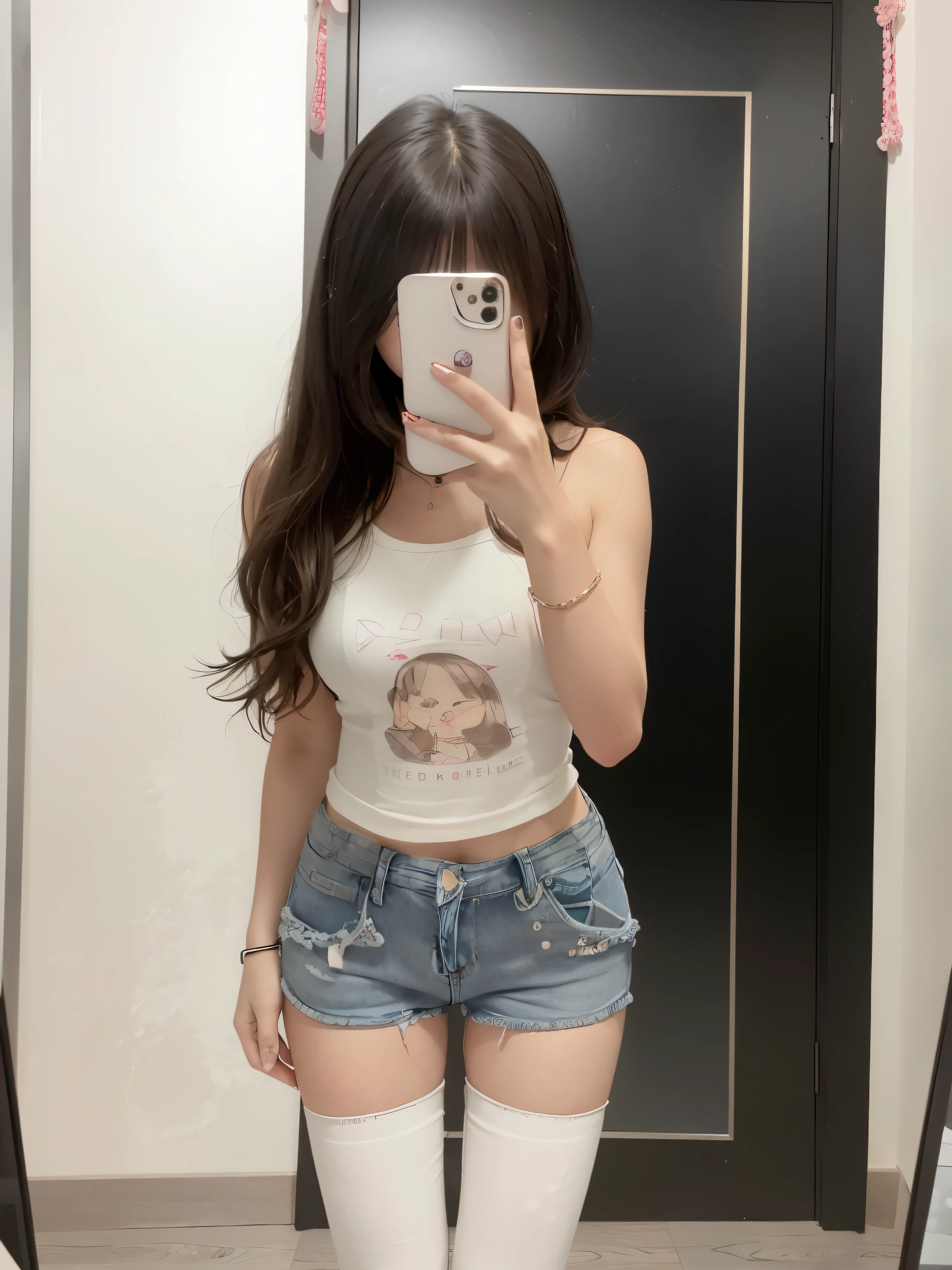 There was a woman looking in the mirror, cutecore, ( ( ( dressed in jeans ) ) ), cute top, dressed in : vests, Cute and cute, dressed in a cute top, dressed in vests, kawaii shirt and jeans, 2 4 year old female model, her navel exposed, katelynn mini cute style, dressed in a vests