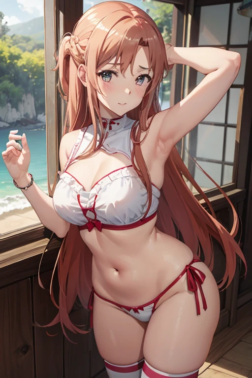 (best quality:1.3), Asuna Yuuki, (biquini com decote), peituda, clivagem, (bochechas rosadas), sedutora, rosto sexy, sexy, body curvy, bunda grande, peitos medios, pose sexy, pose pornografica, sem calcinha, (mostrando sua buceta: 1.3), linda buceta, praia