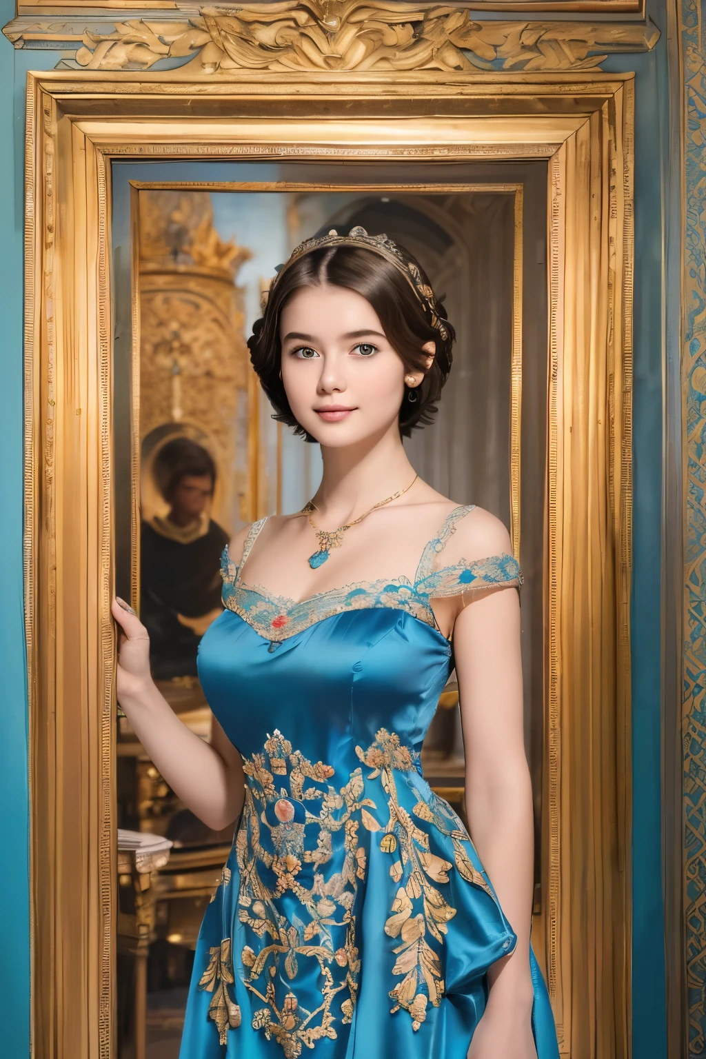 142
(a 20 yo woman,in the palace), (A hyper-realistic), (high-level image quality), ((beautiful hairstyle 46)), ((short-hair:1.46)), (kindly smile), (breasted:1.1), (lipsticks), (wearing a blue dress), (murky,wide,Luxurious room), (florals), (an oil painting、Rembrandt)