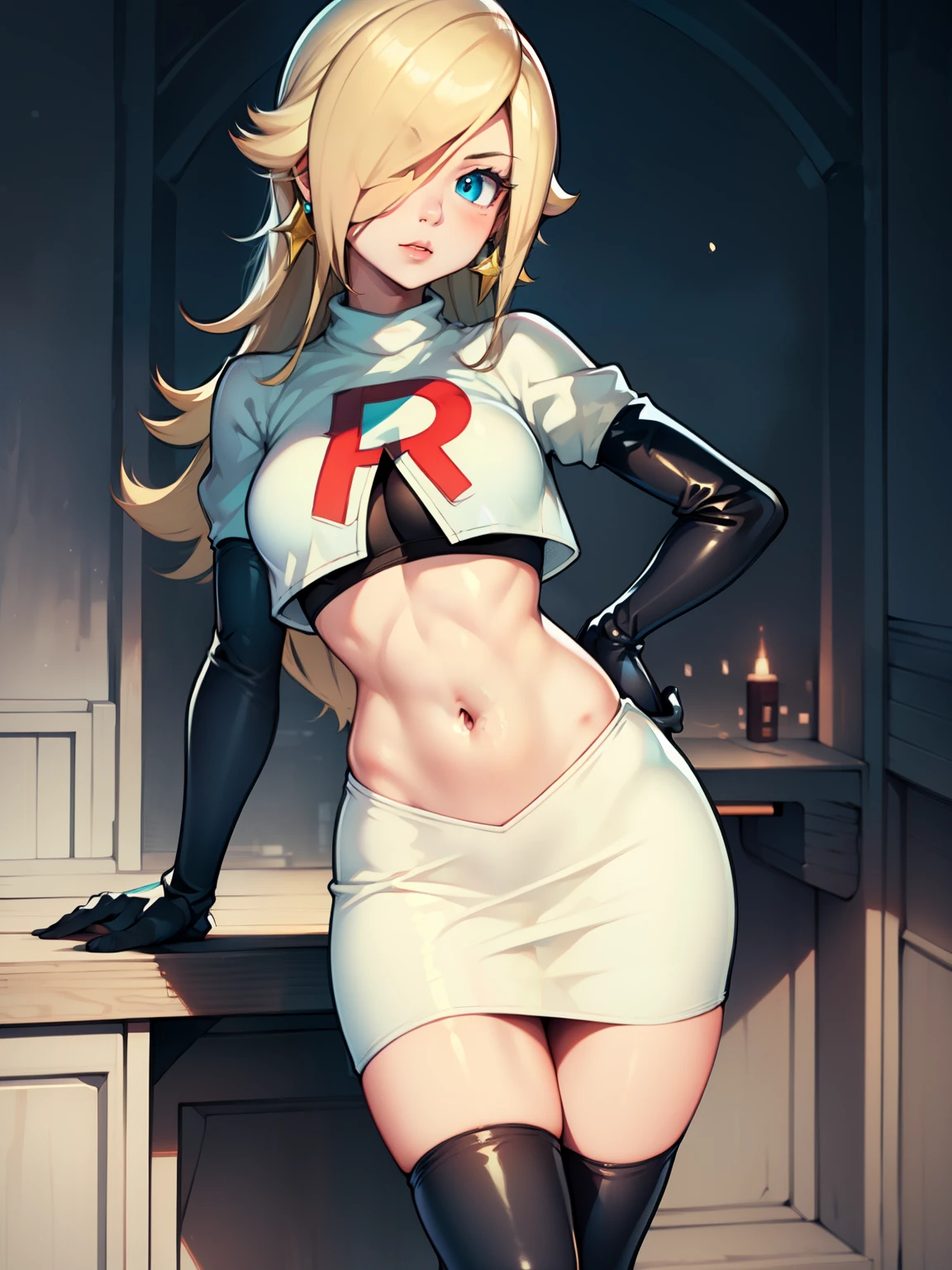 rosalina, glossy lips ,team rocket uniform, red letter R, white skirt,white crop top,black thigh-high boots, black elbow gloves, looking at viewer, cowboy shot