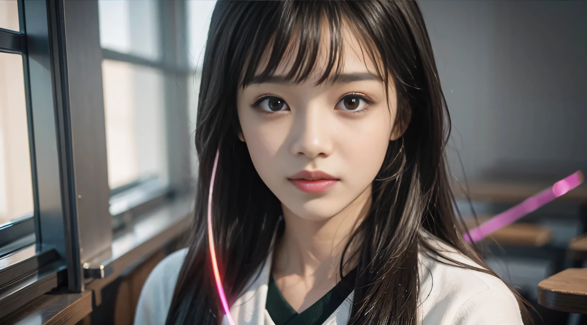 tmasterpiece,Best quality at best,ultra - detailed,Lighting,Colorful,insipid,depth of fields,lens flare glow,1 girl,Beutiful women,sitted,black hair color hair,looking at viewert,schools,Classroom,sweatshirts,校服,Serford,Detailed skin texture,The texture of the fabric is delicate,delicated face,