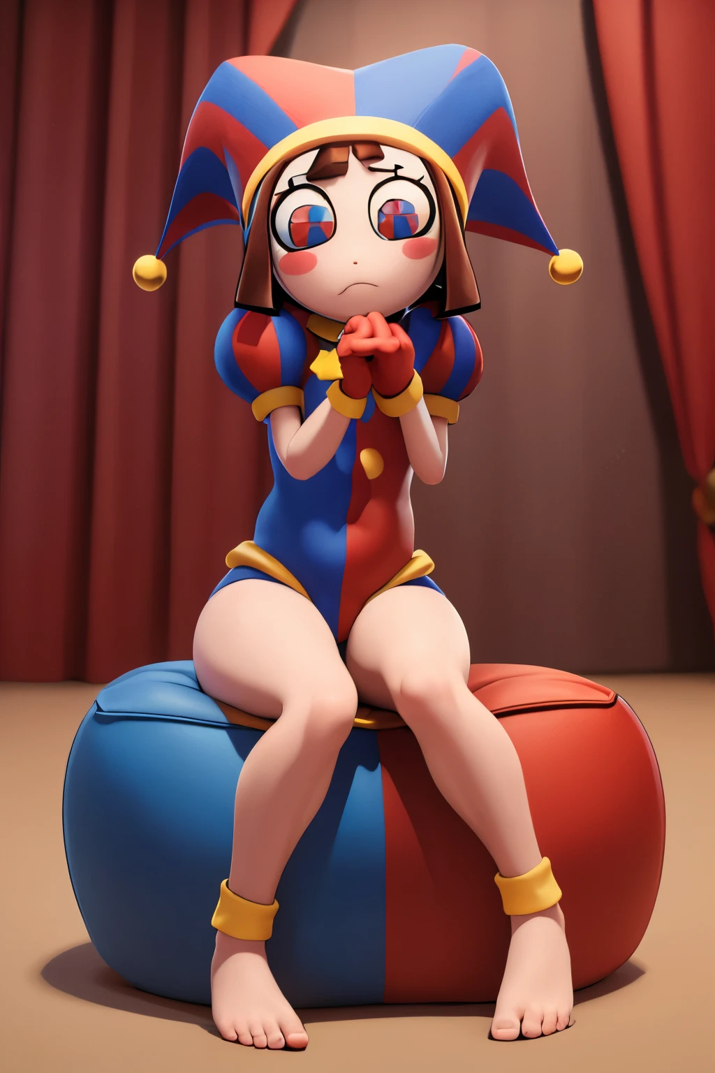 (masterpiece:1.2), (best quality), (ultra detailed), (8k, 4k, intricate),(full body),(feet focused),(highly detailed:1.2), (detailed background)(curtain),(portrait),detailed landscape,(sitting on bean bag chair),pomni,1girl, solo, looking at viewer, brown hair, red eyes, gloves, hat, short sleeves, puffy sleeves, leotard, blush stickers, jester cap, clown barefoot