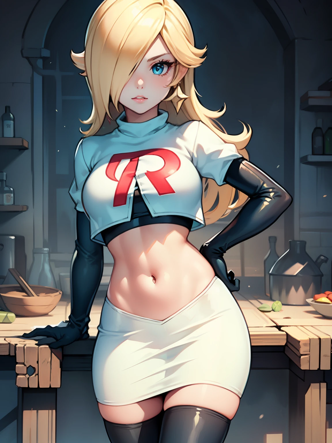 rosalina, glossy lips ,team rocket uniform, red letter R, white skirt,white crop top,black thigh-high boots, black elbow gloves, looking at viewer, cowboy shot