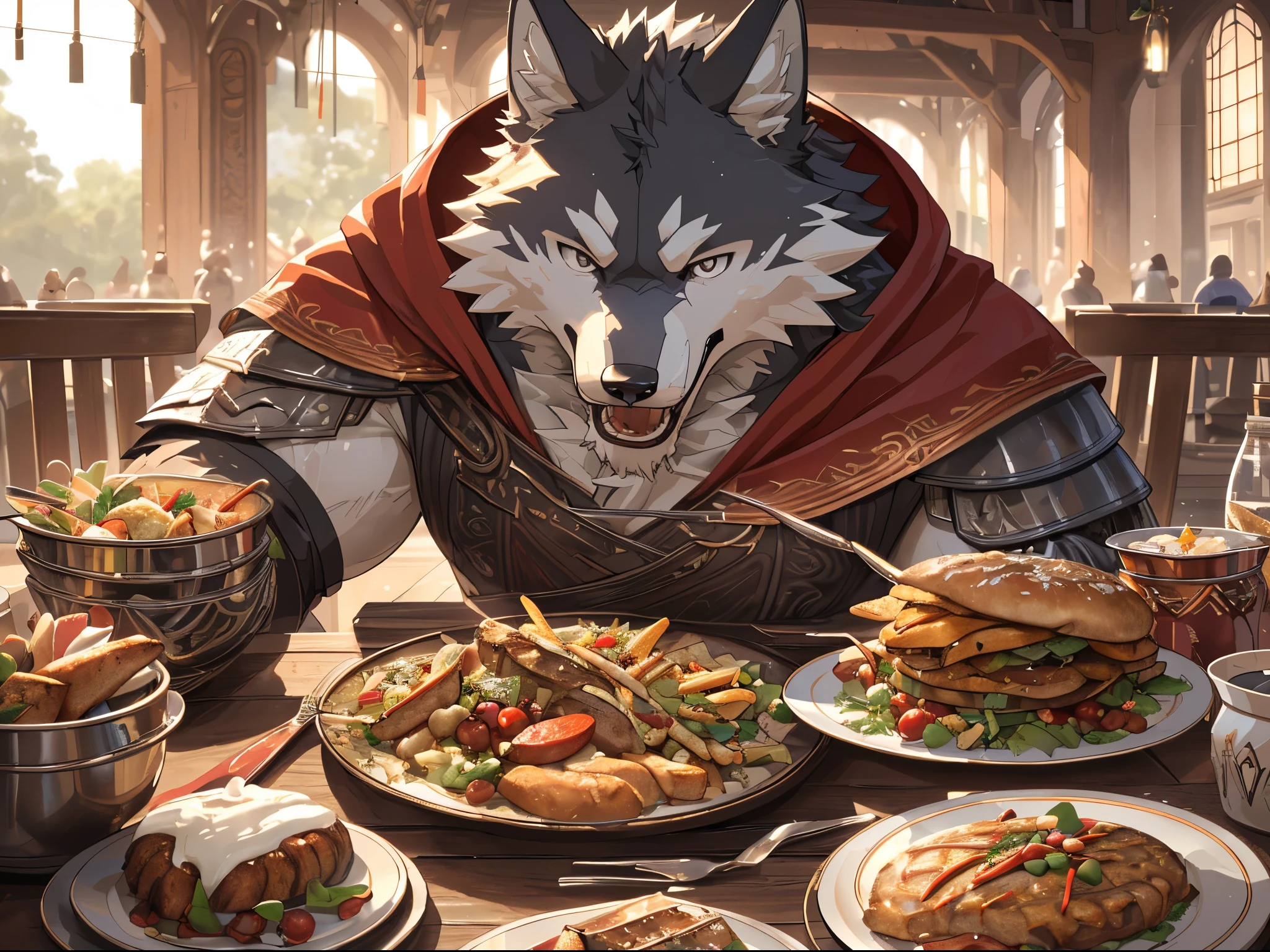 (((open mouth))), (best quality,ultra-detailed,realistic:1.37),portrait,close up face,beautiful detailed eyes,beautiful detailed lips,eating food,delicious food,appetizing food,mouth-watering dish,detailed textures,crispy texture,savory flavors,rich colors,fresh ingredients,close-up shot,focused on the face,sharp focus,expressive face,hungry expression,pleasure of eating,food enjoyment,blissful experience,foodie's delight,colorful plate, mouth-watering presentation,smell of the food,tempting aroma,tasty bites,satisfying meal,culinary masterpiece,dining experience,culinary art,gourmet cuisine, Anthro((dramatpic, dynamic pose, One scene of movie, An extreme perspective with a powerful composition, absurdres, Perfect Anatomy, magnificent picture of kemono fighting fierce battles, (ultra detailed), sharp focus, niji, eyesgod, black eye, furry, light-white fur, brown fur, white beard, anthro (wolf), male, middle-aged, gray body, white belly, tail, muscular, knight costume, long red cherry cloak, ultra detailed face, depth of field, motion blur, high details, high quality, award winning, HD, 16k, (best quality,4k,8k,highres,masterpiece:1.2),ultra-detailed,realistic:1.37,HDR,UHD,studio lighting,extreme detail description,professional,vivid colors,bokeh,lively atmosphere, natural lighting, (close up:1.5)