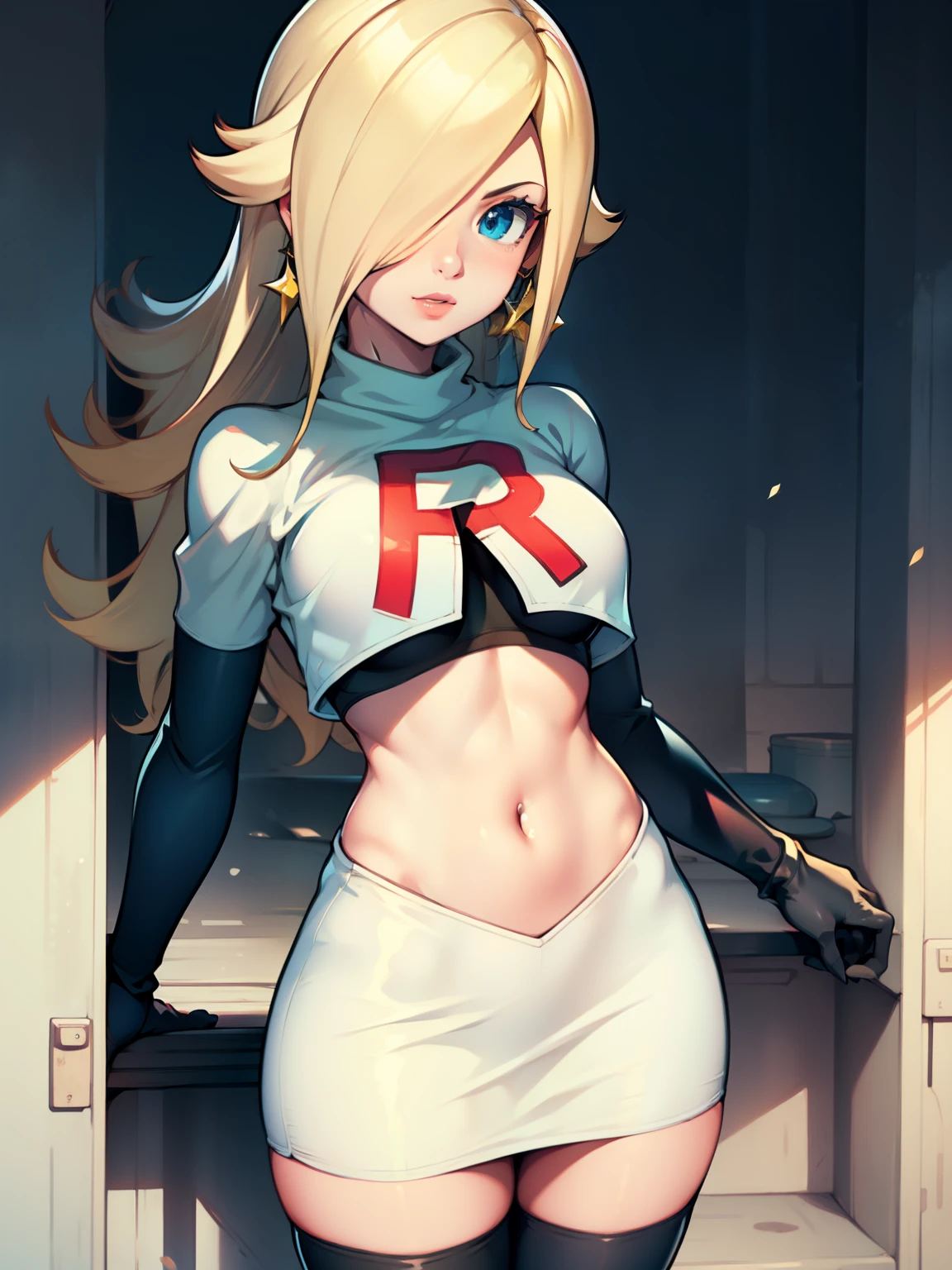 rosalina, glossy lips ,team rocket uniform, red letter R, white skirt,white crop top,black thigh-high boots, black elbow gloves, looking at viewer, cowboy shot
