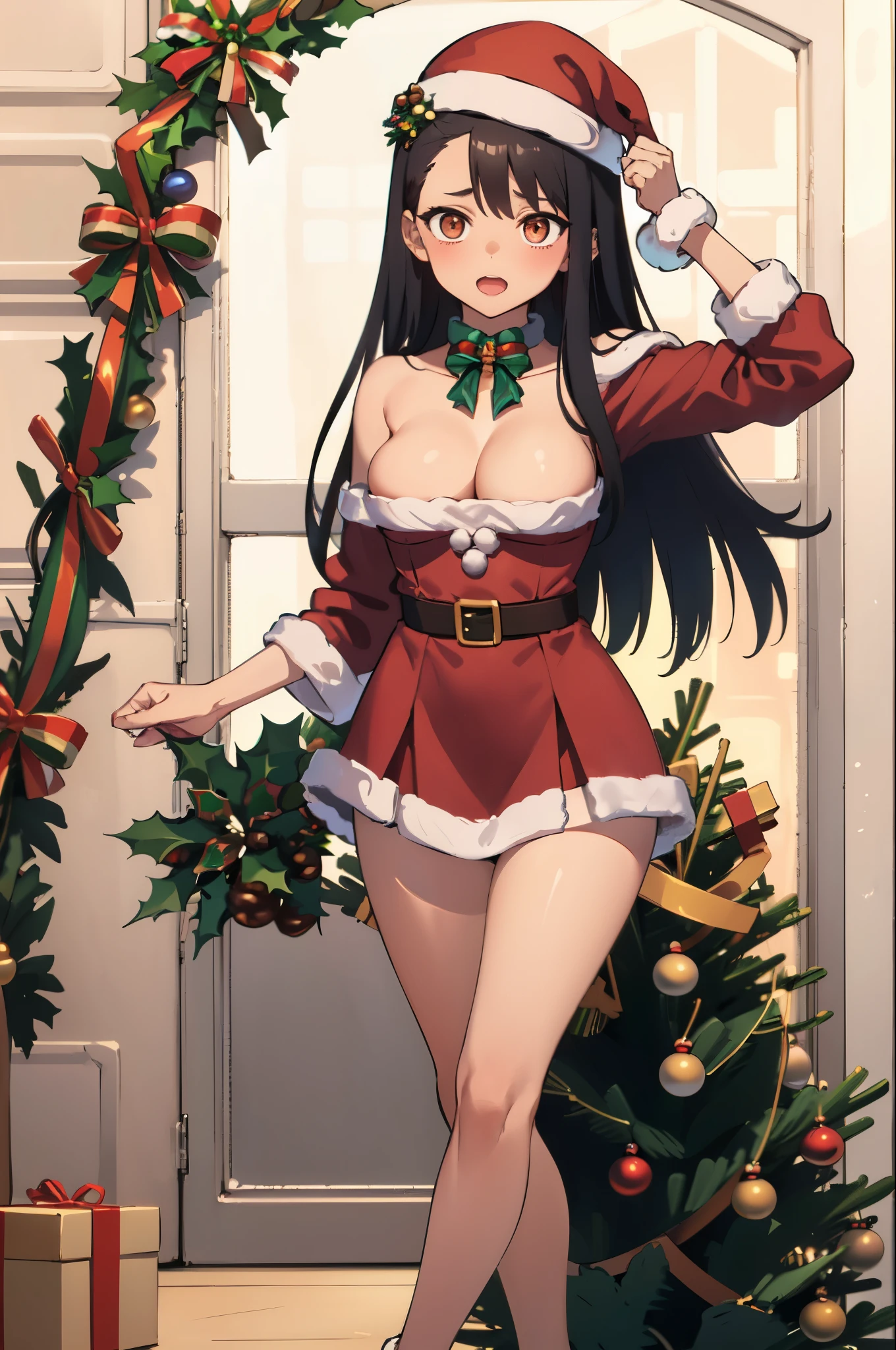 sexy, Piernas gruesas, Minivestido rojo con detalles festivos., combinado con tacones a juego para un conjunto elegante y festivo, (((christmas beastig breasts))