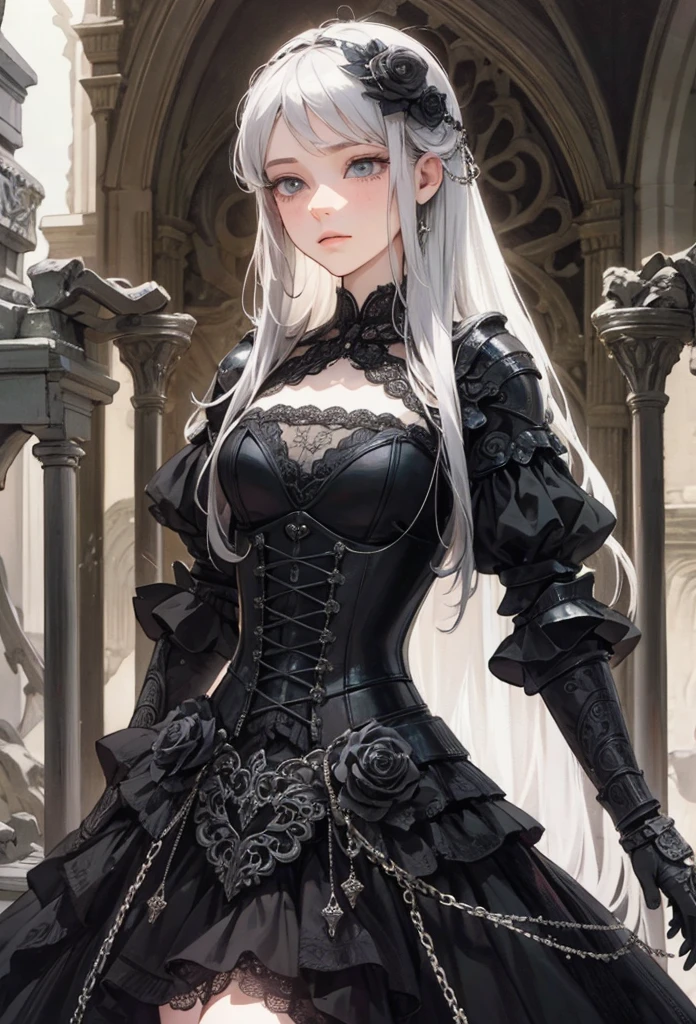 (Detailed illustrations,Very detailed and detailed drawing,Delicate lines with slow and rapid,Realistic texture expression),[Color tressed main line],[Ruins of a super-ancient civilization],[ANIME] (MACHINEAlice Beauty 16 years old) stright long hair [AUTOMATON],([Black Rose] Black dress) (Cyber Alien Armor [Through the material]) [caltrop] chains [Titanium alloy] [[Through the material]],Cybernetic Gothic Lolita,(Intricate and beautiful decoration [Dense detail]),(Fine and beautiful skin expression [Transparency]),[完璧な目のdetaileds (Iris beautifully drawn in every detail)[Jewel-like eyes]],[long and beautiful eyelashes],[Meticulously drawn hair [美しく艷やかな髪のdetaileds]],(完璧な手のdetaileds [Beautiful fingers without breakdowns [Beautiful nails]]),(Perfect Anatomy(Perfectly proportioned))[[Full body like]],[[Design built to the highest level]][Ideal color coordination(Accurate simulation of light-material interactions)],([Precision Detail](detaileds,high-detail)),[Visual art that conveys a sense of narrative].