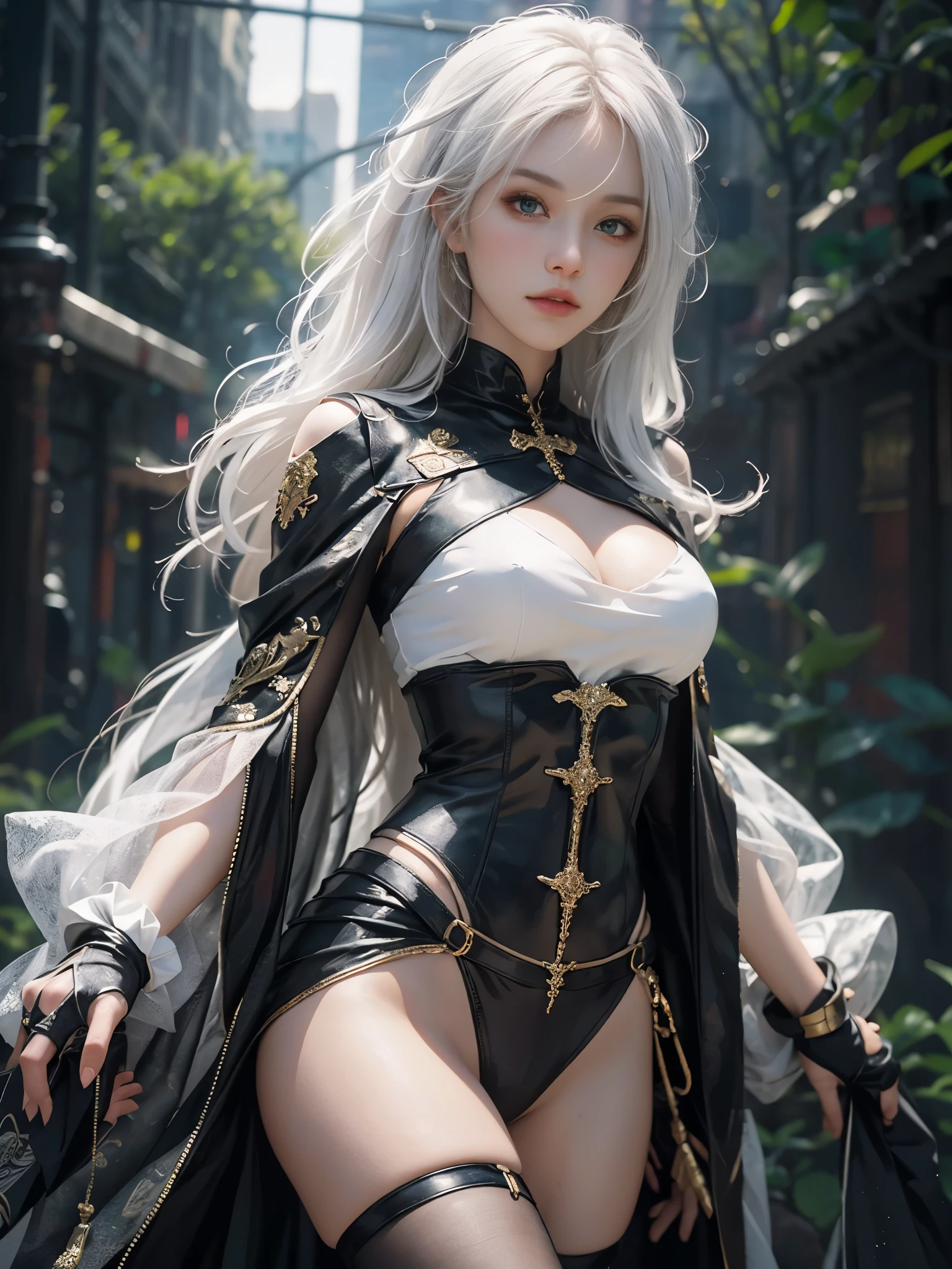 Close-up of woman with white hair and white mask、beautiful character painting、guweiz、Guweiz style artwork、white haired god、Jan J、epic exquisite character art、Stunning character art、Fanchy、Uzunsifan、guweiz from pixiv art station,Faces of reality,Real people,Photo Quality,Images of real people captured by a camera,Shoot from the waist up,Live-action feeling,Fairly light clothing,see-through underware,A thin costume made of cotton that shows the skin underneath.,