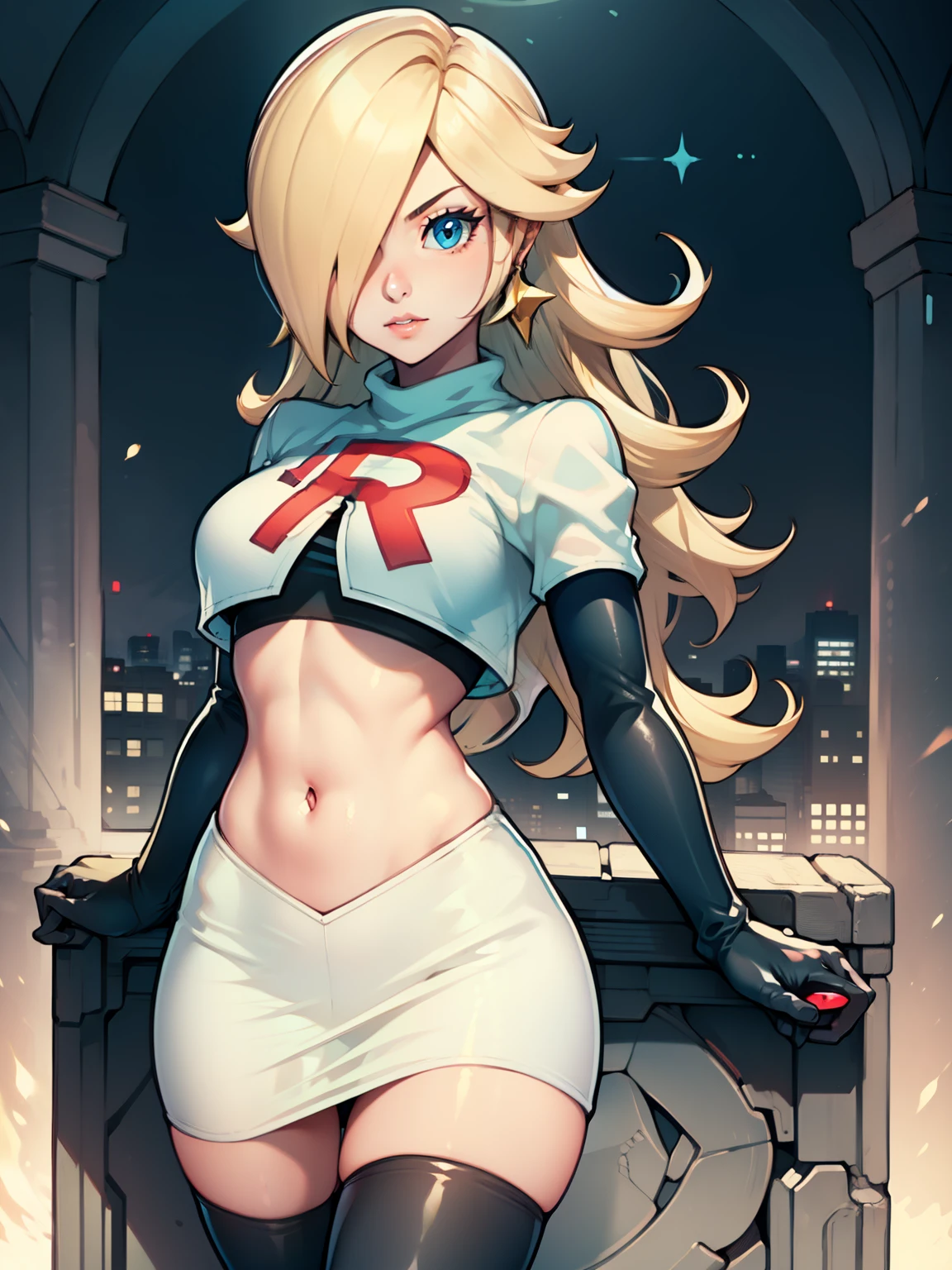 rosalina, glossy lips ,team rocket uniform, red letter R, white skirt,white crop top,black thigh-high boots, black elbow gloves, looking at viewer, cowboy shot
