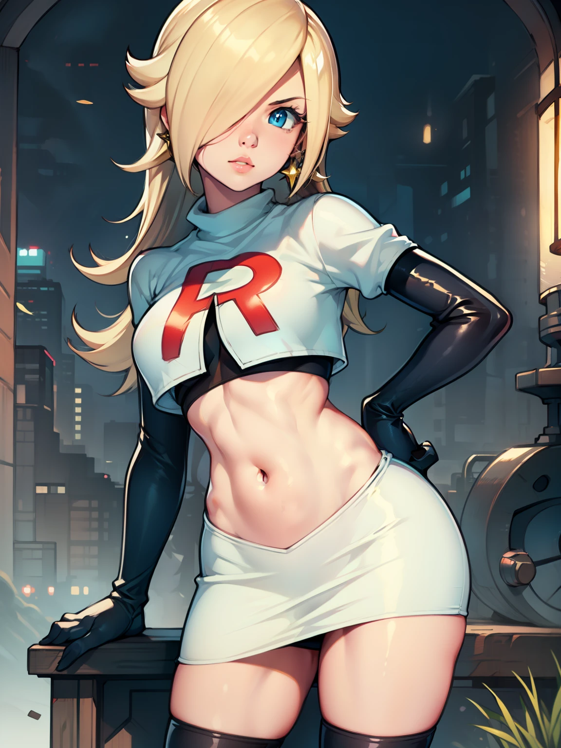 rosalina, glossy lips ,team rocket uniform, red letter R, white skirt,white crop top,black thigh-high boots, black elbow gloves, looking at viewer, cowboy shot