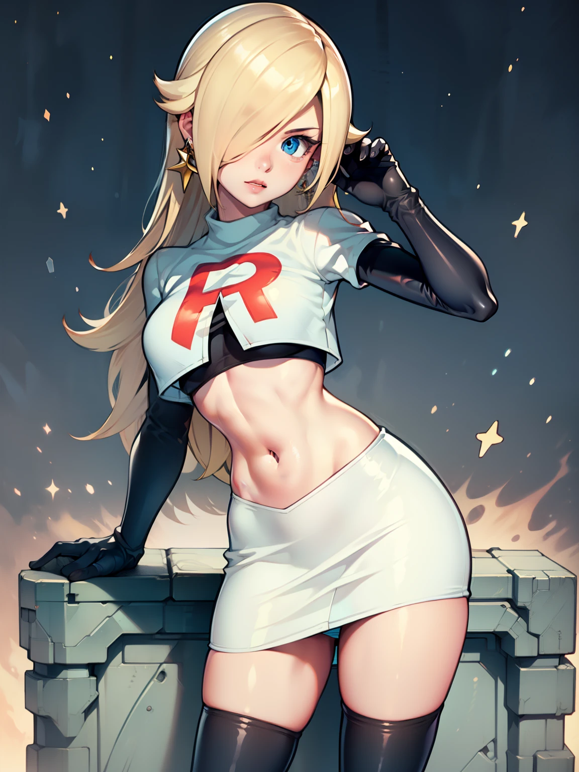 rosalina, glossy lips ,team rocket uniform, red letter R, white skirt,white crop top,black thigh-high boots, black elbow gloves, looking at viewer, cowboy shot