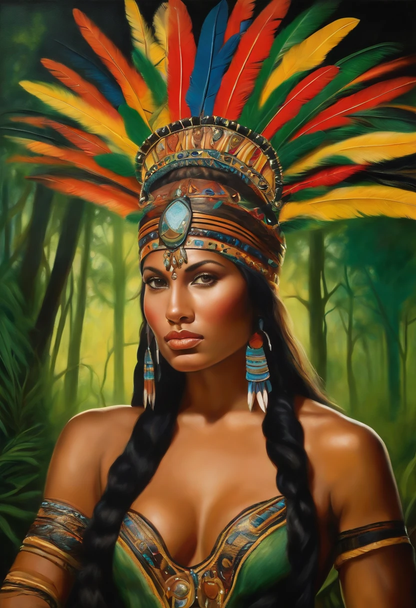 Painting of A young woman of radiant beauty, ((the most beautiful cabocla in the world)), ((Eva Gardner)), 18 years old, indigenous, ((full body)), ((strong body, muscular legs)), ( (indigenous headdress with colorful feathers on the head)), long black hair, braided over the shoulders, ((green panther eyes, magnetic)), ((square face and sunken chin)), ((strong expression of a warrior woman)) , ((hypnotic beauty)), sexy and sensual, indigenous body paintings, body and beauty of a Goddess, ((wearing wild animal skin)), ((in the background a sacred temple in the middle of a forest on a full moon night )), ((baroque painting style))