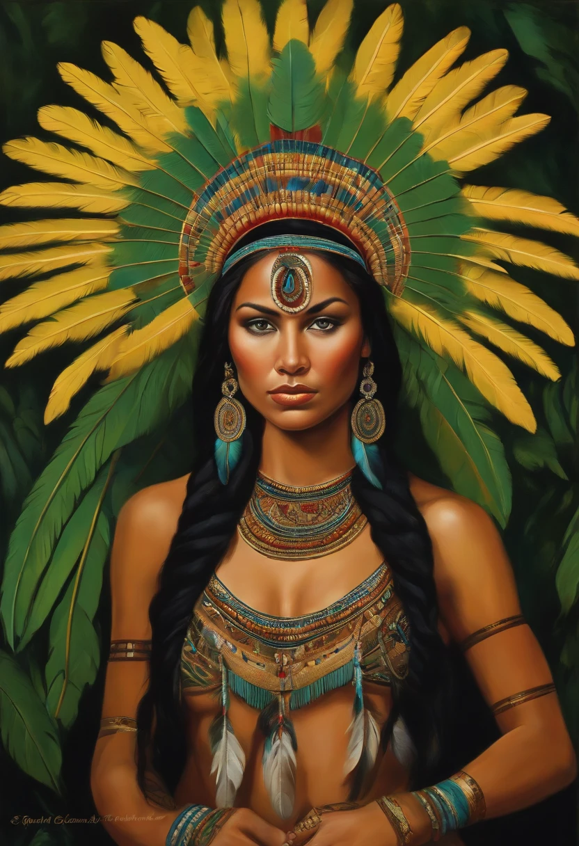 Painting of A young woman of radiant beauty, ((the most beautiful cabocla in the world)), ((Eva Gardner)), 18 years old, indigenous, ((full body)), ((strong body, muscular legs)), ( (indigenous headdress with colorful feathers on the head)), long black hair, braided over the shoulders, ((green panther eyes, magnetic)), ((square face and sunken chin)), ((strong expression of a warrior woman)) , ((hypnotic beauty)), sexy and sensual, indigenous body paintings, body and beauty of a Goddess, ((wearing wild animal skin)), ((in the background a sacred temple in the middle of a forest on a full moon night )), ((baroque painting style))