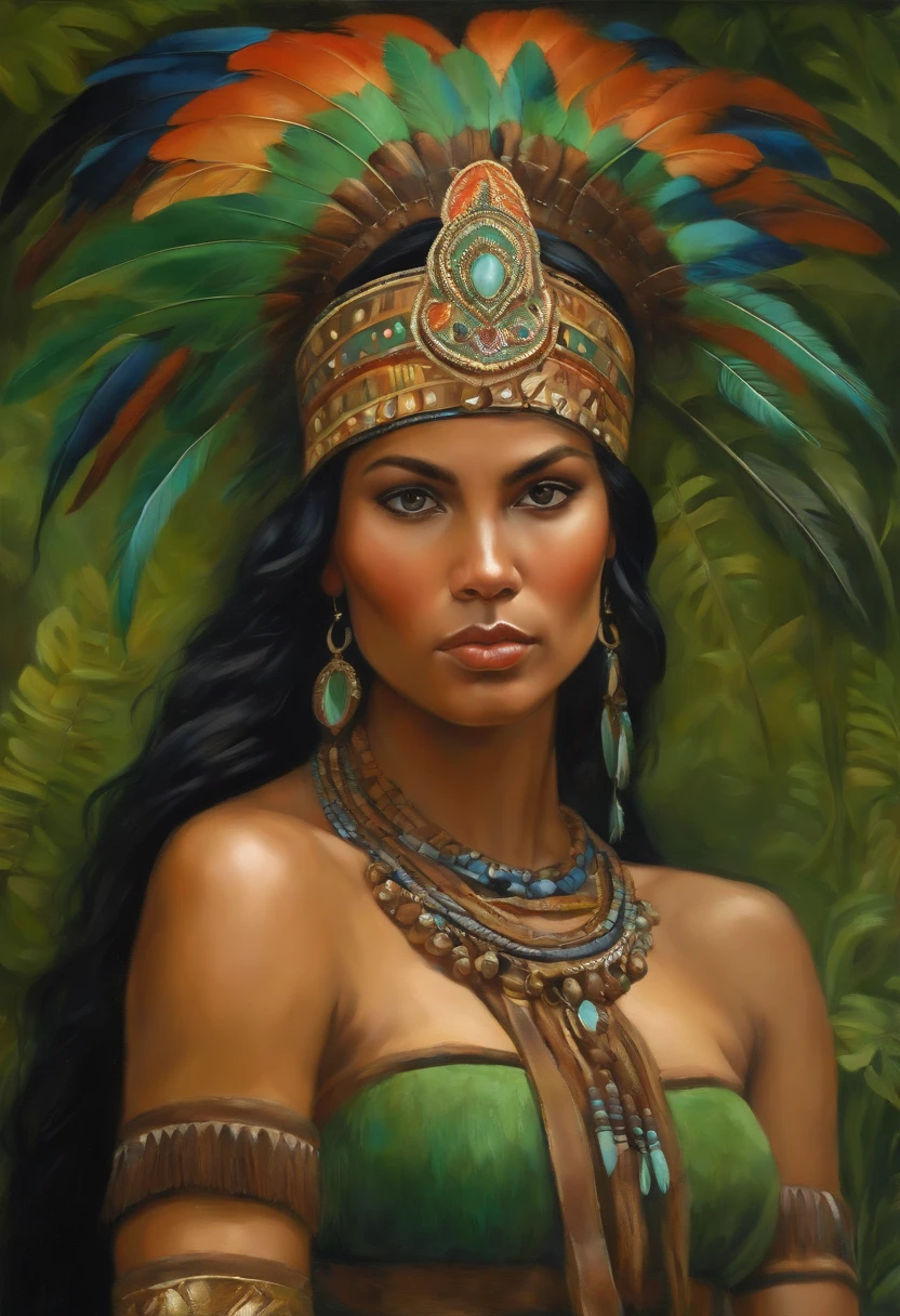 Painting of A young woman of radiant beauty, ((the most beautiful cabocla in the world)), ((Eva Gardner)), 18 years old, indigenous, ((full body)), ((strong body, muscular legs)), ( (indigenous headdress with colorful feathers on the head)), long black hair, braided over the shoulders, ((green panther eyes, magnetic)), ((square face and sunken chin)), ((strong expression of a warrior woman)) , ((hypnotic beauty)), sexy and sensual, indigenous body paintings, body and beauty of a Goddess, ((wearing wild animal skin)), ((in the background a sacred temple in the middle of a forest on a full moon night )), ((baroque painting style))