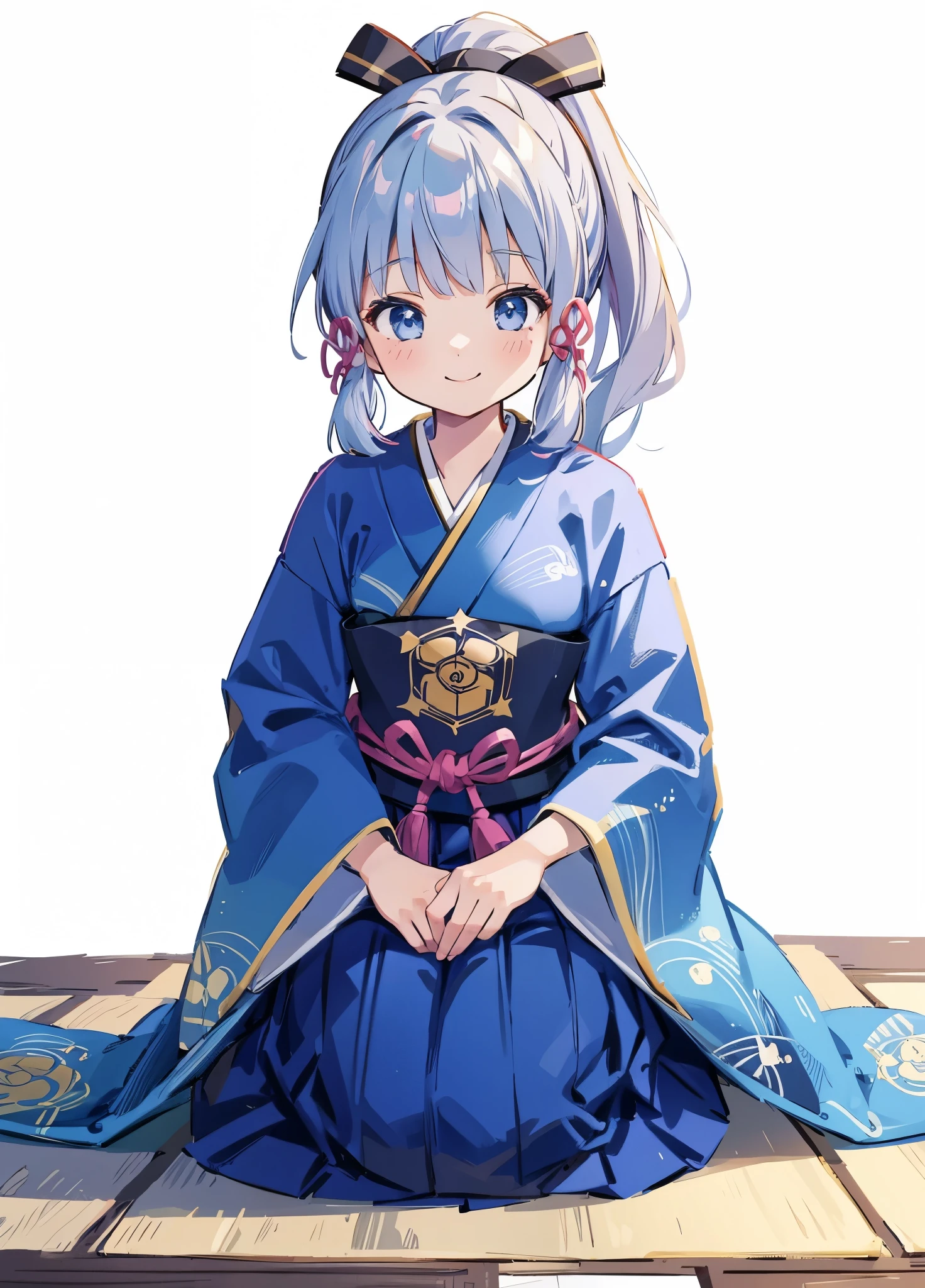 seiza、hand between legs、hakama、kimono、wafuku、a smile、