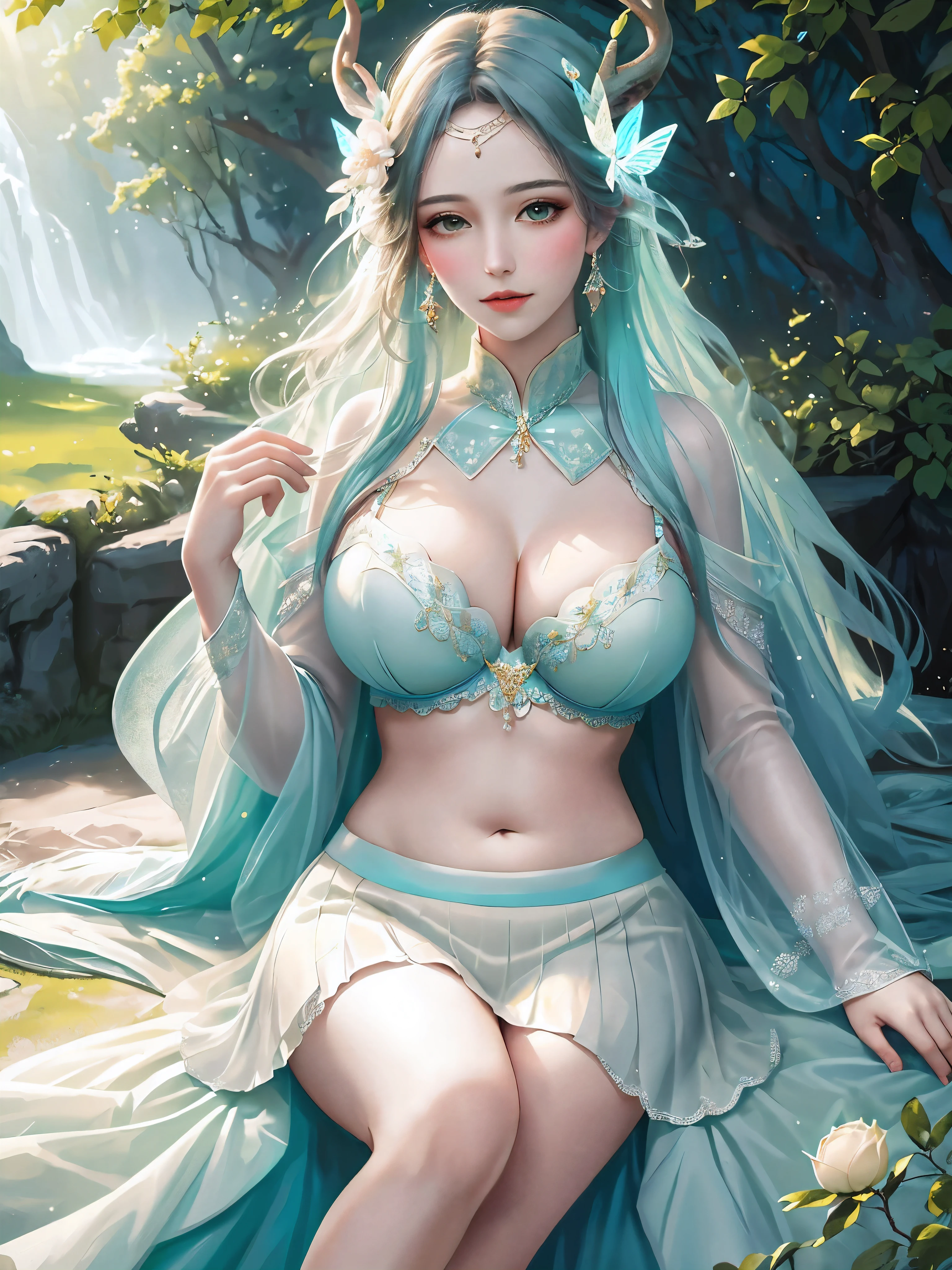 (a girl with deer horns,cartoon,beautiful detailed eyes,beautiful detailed lips,extremely detailed eyes and face,long eyeslashes, long siver curly hair),(big breasts: 1.5), (Gray silk dress, floral pattern,belly exposed,slim),medium:watercolor,scenery of enchanted forest,colorful autumn leaves,floating magical orbs,butterflies dancing around her,sparkling moonlight filtering through the trees,endless realm of fantasy and imagination,soft and dreamlike atmosphere,fairytale-like setting,HDR,UHD,studio lighting,ultra-fine painting,sharp focus,physically-based rendering,extreme detail description,professional,vivid colors,bokeh,portraits