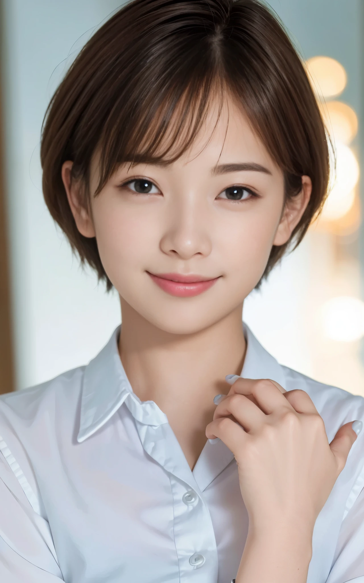 ((best quality, photorealistic, 8k, high res)), 1girl, (skindentation), (professional lighting), (close up:1), (short hair:1), ((looking at viewer:1.5)), perfect proportion, (bokeh), calves plump and muscular, Bending figure, Very detailed skin texture, ((wearing white collared)), standing Pose, (smile:1),background simple grey