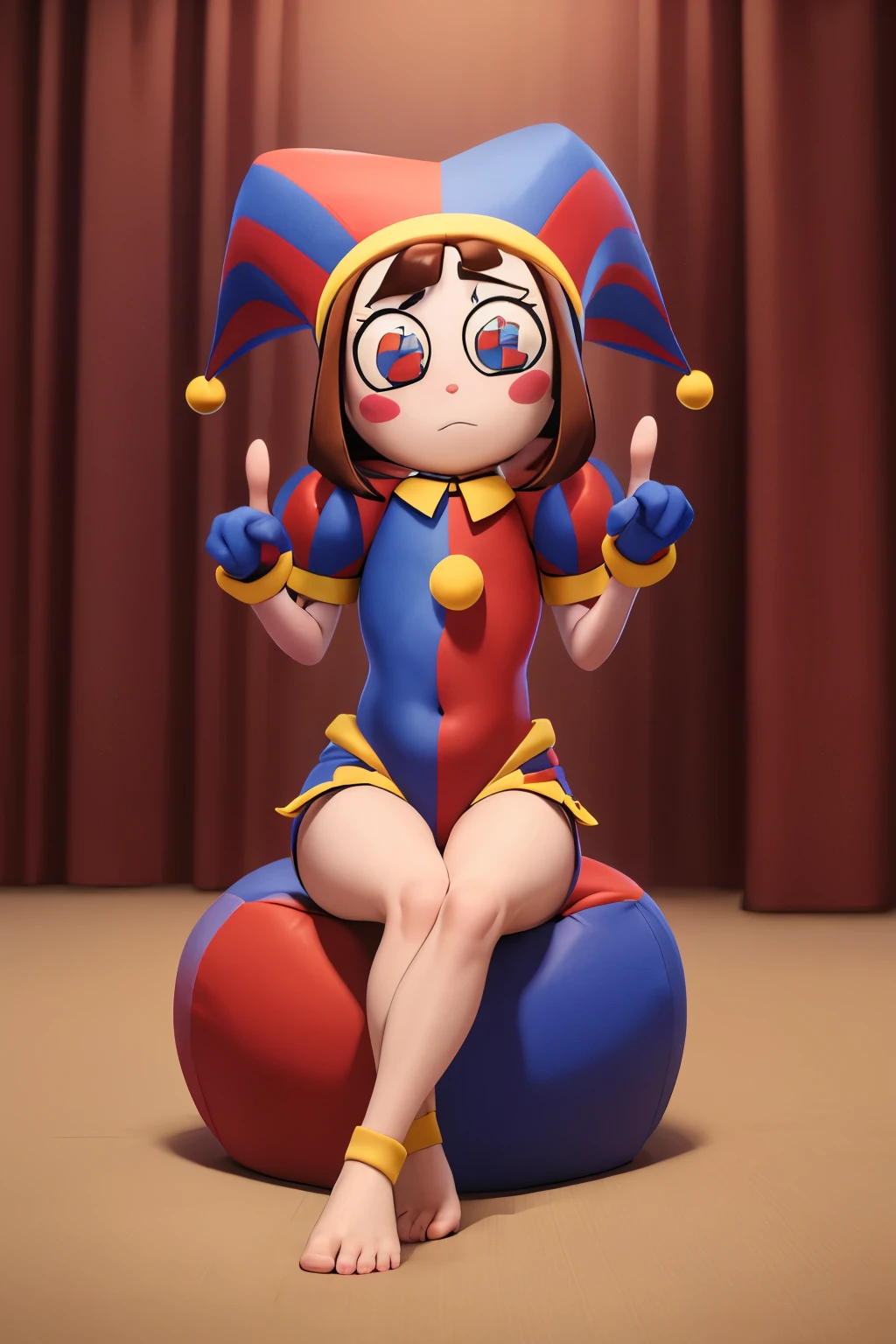 (masterpiece:1.2), (best quality), (ultra detailed), (8k, 4k, intricate),(full body),(feet focused),(highly detailed:1.2), (detailed background)(curtain),(portrait),detailed landscape,(sitting on bean bag chair),pomni,1girl, solo, looking at viewer, brown hair, red eyes, gloves, hat, short sleeves, puffy sleeves, leotard, blush stickers, jester cap, clown barefoot, pointing foot at viewer