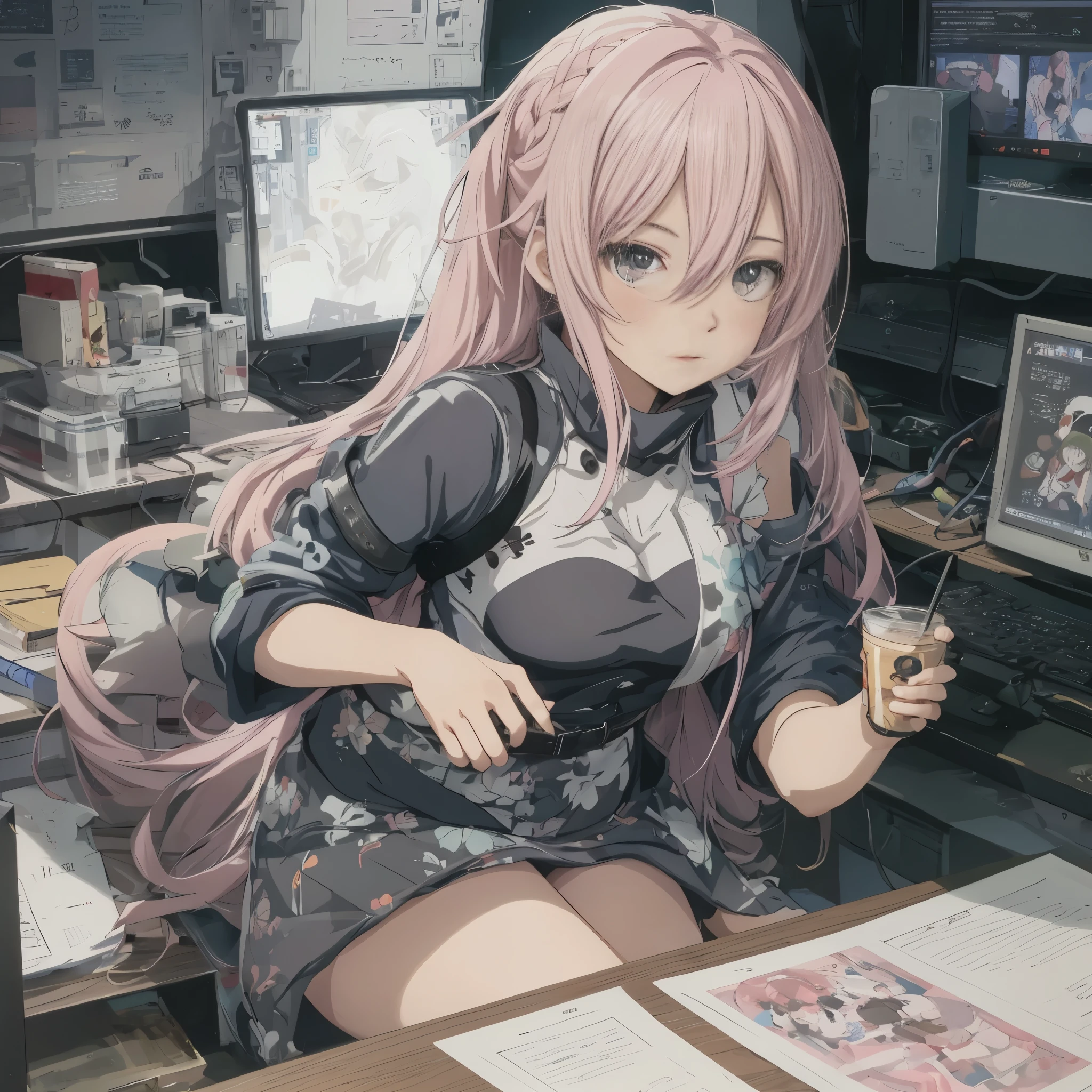 anime com cabelo rosa sentado em uma mesa com um computador, Melhor Anime 4K Konachan Wallpaper, cushart krenz arte chave feminina, menina sedutora, Anya, Spy X Family, Marin Kitagawa Fanart, garota anime cyberpunk, ilustre makinami, female garota anime cyberpunk, Menina do anamada Lucy, arte oficial do personagem, menina comerciantegue