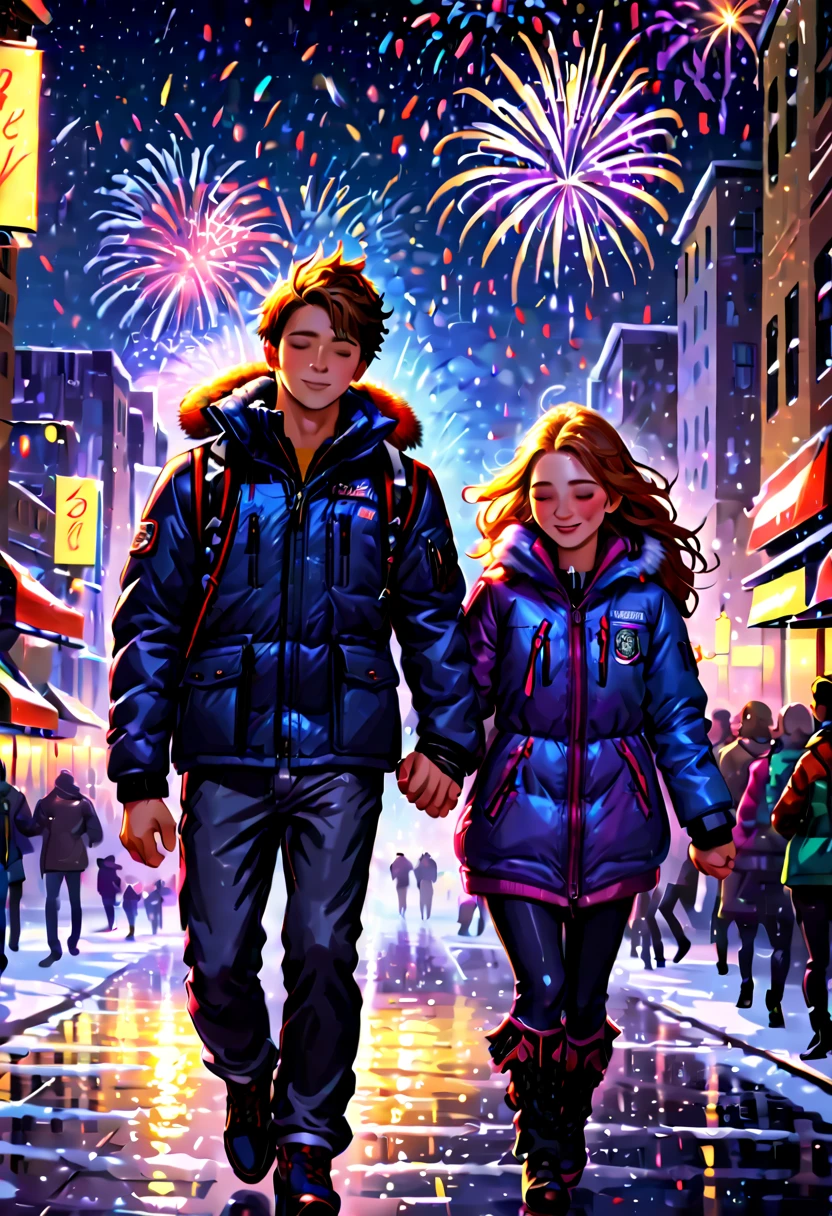 (tmasterpiece),(ultra - detailed:1.3),Best quality,(It's snowing),(Young couple wearing down jackets walking hand in hand in the bustling city:1.7),New Year celebrations and decorations,(The brightly lit streets are colorful:1.1),((countdown clock:1.5))、Fireworks light up the night sky,(Passionate band playing music on stage:1.6),(Happy crowd dancing and singing),Joyful mood,feelings of anticipation and excitement,((Fireworks bloom)),((city night scene)),((skyscrapper)),vibrant with colors、Just the right color,1.4x more realism,hyper HD,All shown in this beautiful scene,(The content is very detailed,Reasonable design,Clear lines,High- sharpness,tmasterpiece,offcial art,movie light effect,8K)