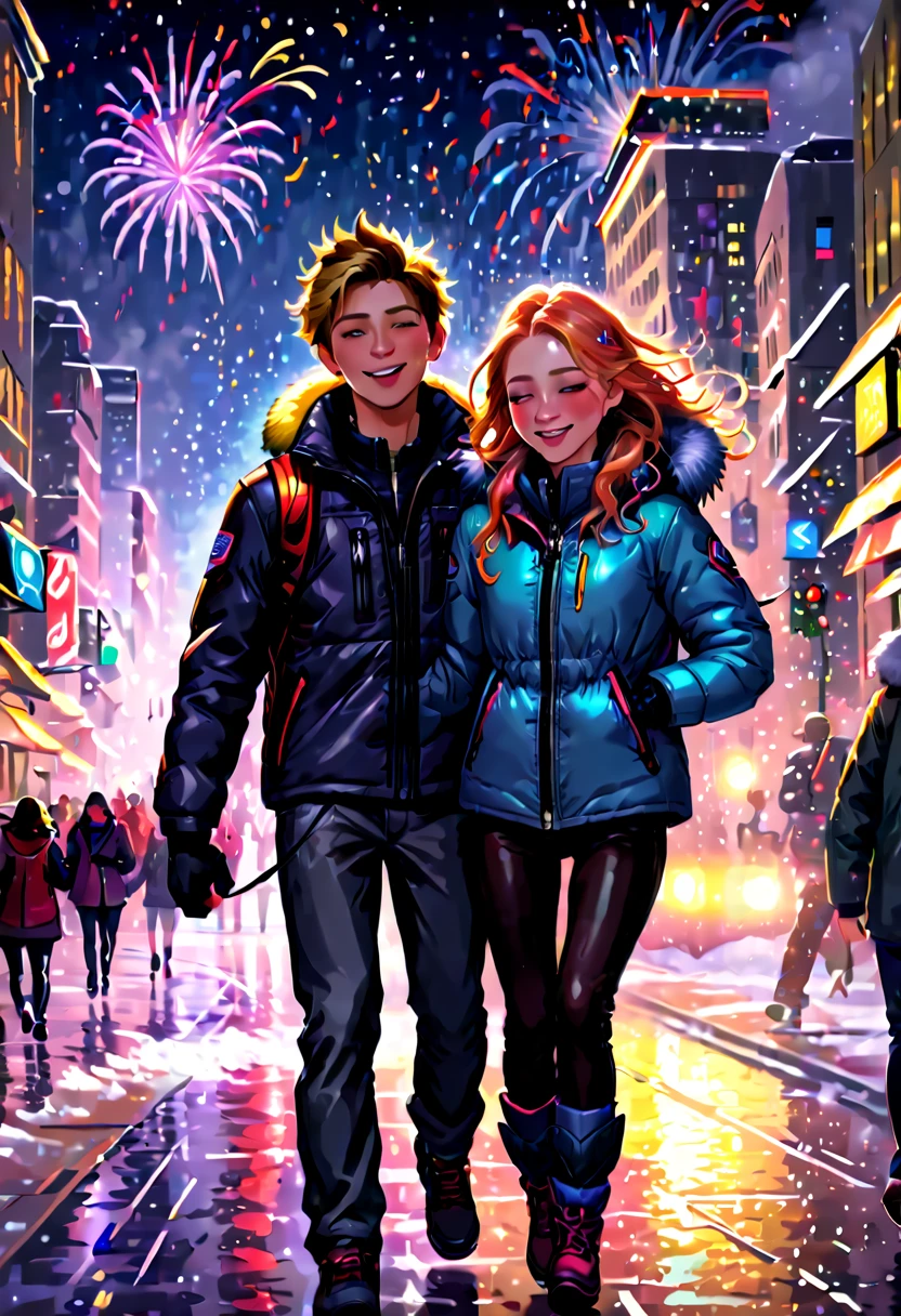 (tmasterpiece),(ultra - detailed:1.3),Best quality,(It's snowing),(Young couple wearing down jackets walking hand in hand in the bustling city:1.7),New Year celebrations and decorations,(The brightly lit streets are colorful:1.1),((countdown clock:1.5))、Fireworks light up the night sky,(Passionate band playing music on stage:1.6),(Happy crowd dancing and singing),Joyful mood,feelings of anticipation and excitement,((Fireworks bloom)),((city night scene)),((skyscrapper)),vibrant with colors、Just the right color,1.4x more realism,hyper HD,All shown in this beautiful scene,(The content is very detailed,Reasonable design,Clear lines,High- sharpness,tmasterpiece,offcial art,movie light effect,8K)