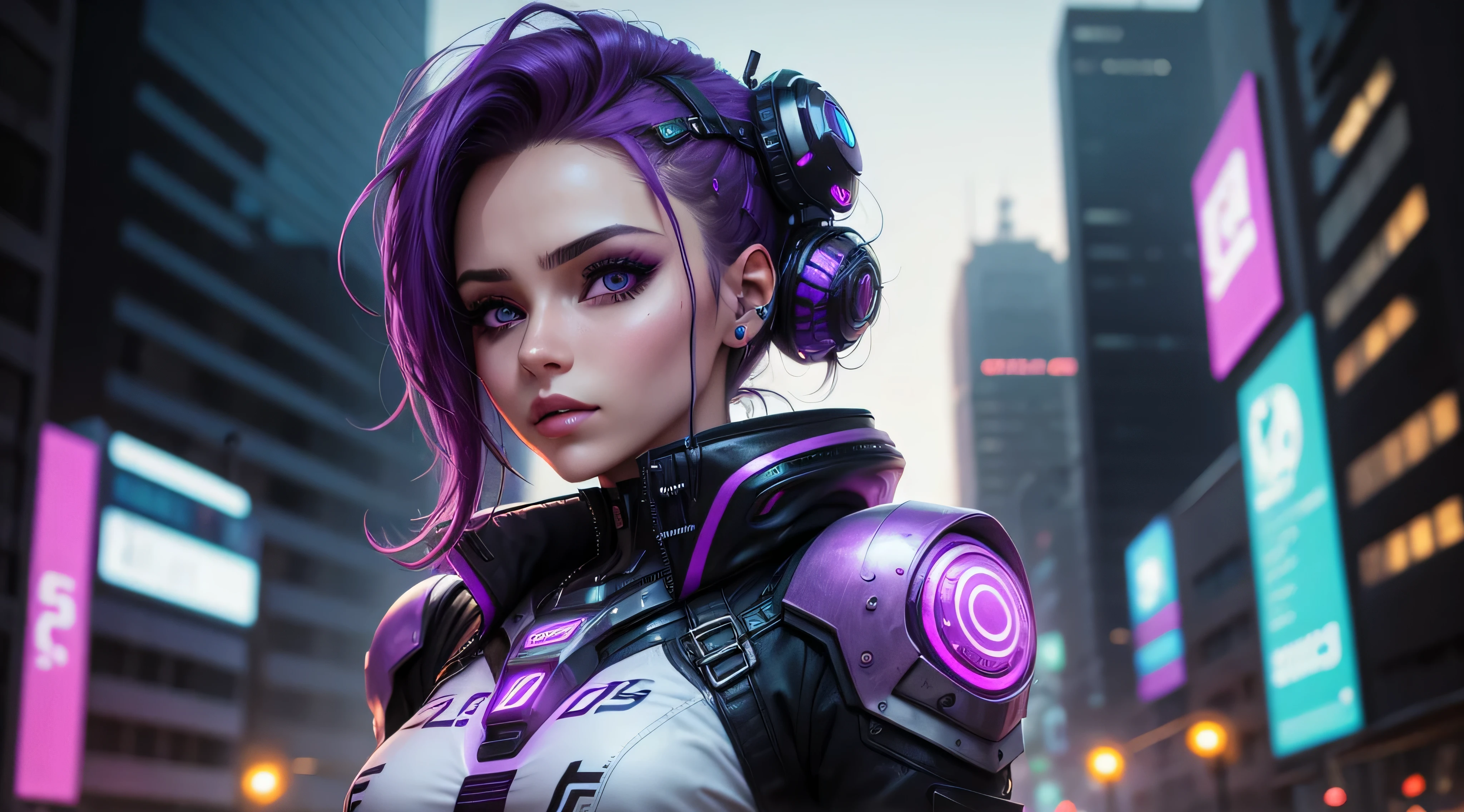 mujer hermosa, ojos lilas , estililo cyber punk en la ciudad