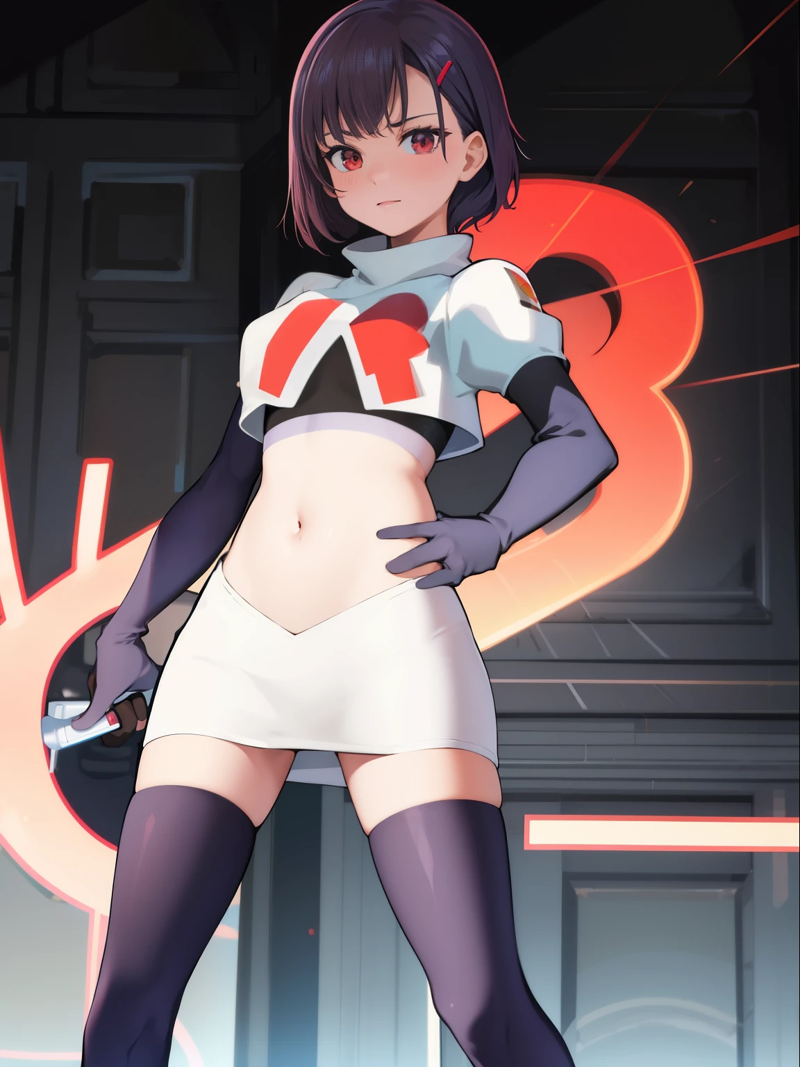 masterpiece, best quality, MShizukaV4, 1girl, solo, hair ornament, navel, medium breasts, standing, hairclip, team rocket, team rocket uniform, red letter R, white skirt, white crop top, black thigh-high boots, black elbow gloves,