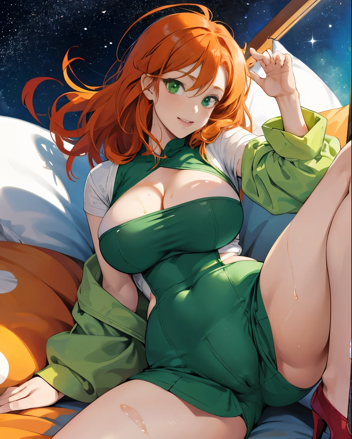 Cute ginger hair and green eyes anime woman peeing her panties with spread legs. Thick thighs. Desperate, shy and blushing facial expression. Pee running down her legs. 1girl, Best quality, masterpiece, cowboy shot, orange hair, green eyes, tight cloth, office clothes, office, white clothes, wet, fingering, long ginger hair, green eyes, anime girl, kawaii, hourglass figure, big feet, sweaty feet, soles showing, 5 toes on each foot, 5 toes, heel on floor, red high heel shoes on ground next to feet, galactic background, stars and sparkles, green outfit, massive tits, huge breasts, big boobs, cleavage, breasts huge, woman is giant, barely fitting in a bedroom, bed broken underneath her ass, giant woman