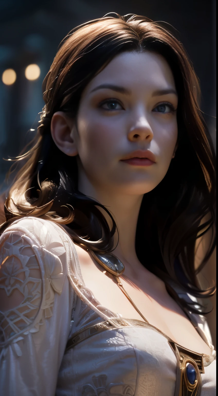 photo of Liv Tyler, RAW, beautiful woman, ((portrait)), ((detailed face:1.2)), ((detailed facial feature, detailed skin, clear skin), (perfect proportioned body), (wearing an elaborate dress) (high detailed city environment, apartment balcony), (realistic photo, best quality, detailed), (8k wallpaper), (cinematic lighting, dramatic lighting) (sharp focus, intricate)