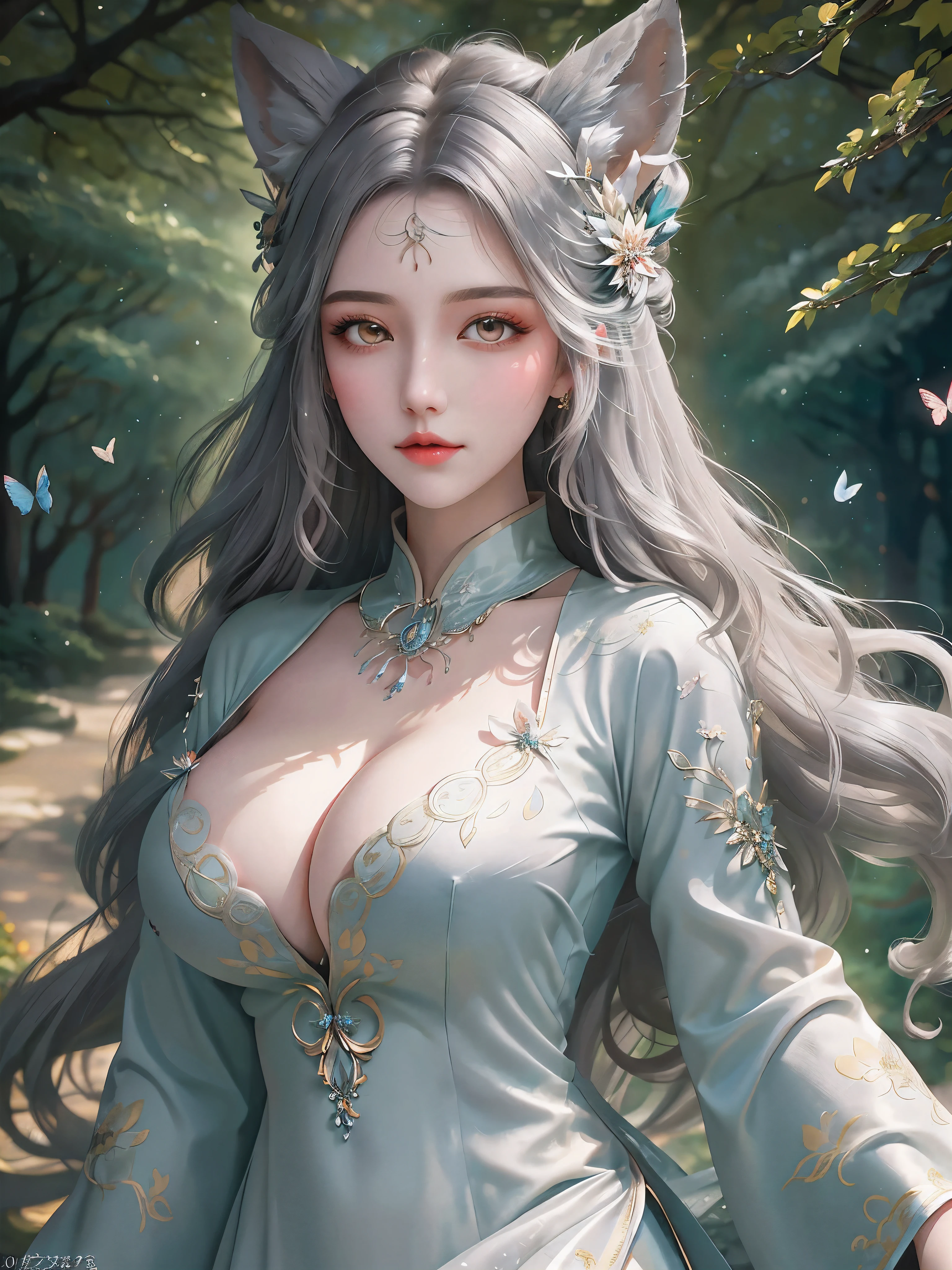 (a girl with nine tails,cartoon,beautiful detailed eyes,beautiful detailed lips,extremely detailed eyes and face,long eyeslashes,  long siver curly hair),(big breasts: 1.5), (Gray silk dress, floral pattern),medium:watercolor,scenery of enchanted forest,colorful autumn leaves,floating magical orbs,butterflies dancing around her,sparkling moonlight filtering through the trees,endless realm of fantasy and imagination,soft and dreamlike atmosphere,fairytale-like setting,HDR,UHD,studio lighting,ultra-fine painting,sharp focus,physically-based rendering,extreme detail description,professional,vivid colors,bokeh,portraits