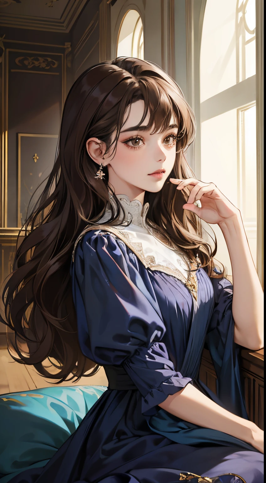 portrait of beautiful woman, in the palace, soft smile portrait, subtle features, intricate details, calm composition, tension, less contrast, texture, realism, high-quality rendering, stunning art, high quality, film grain, Fujifilm XT3, detailed skin, ((long slight wavy dark brown hair)), ((brown eyes)), ((18 year old)), ((front bangs hair)), ((dark blue gown)), ((royal look)), slight make up, mature female, full body, detailed