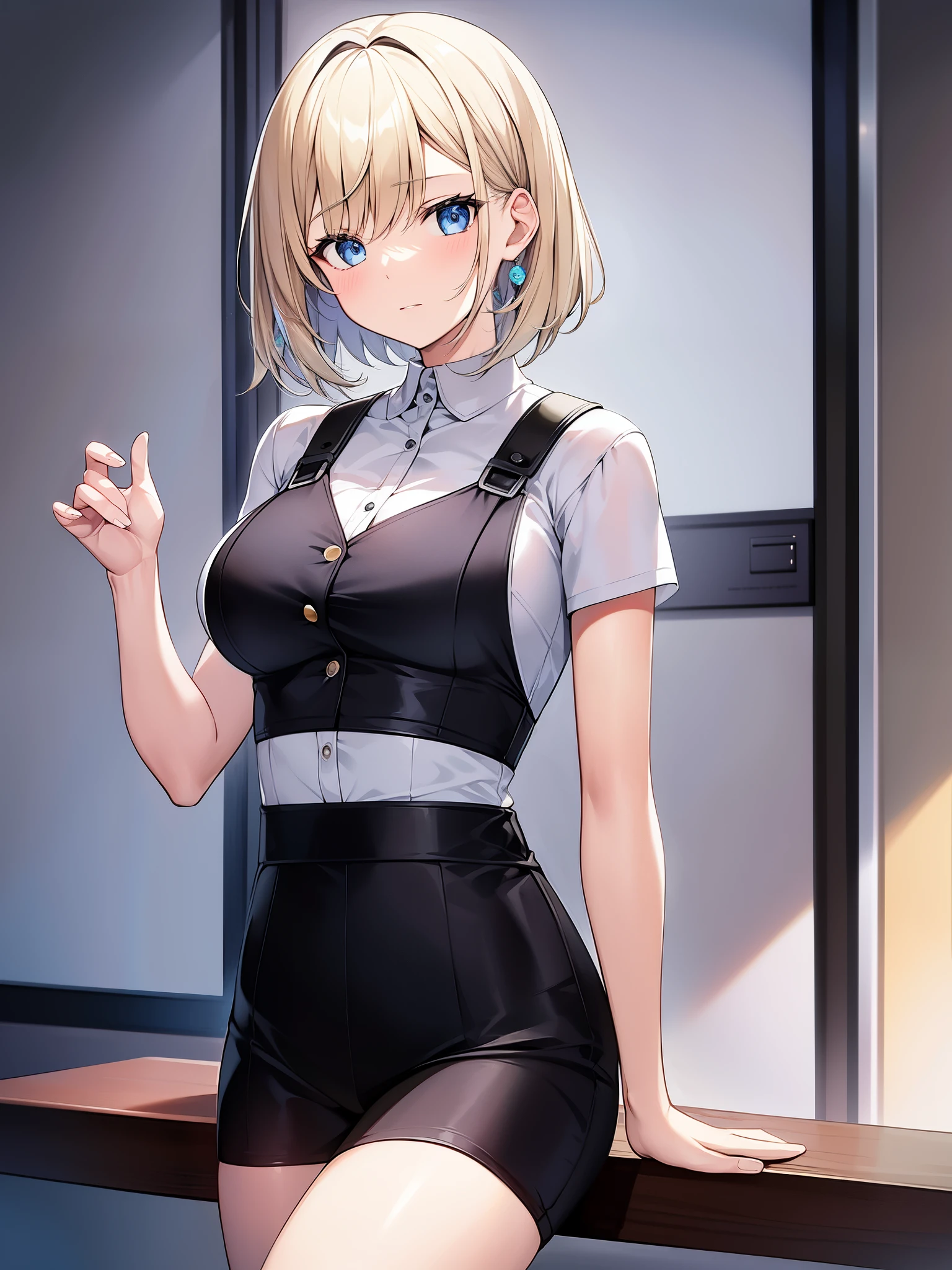 masterpiece, best quality, 1girl, short hair, platinum blonde hair, shirt, trousers