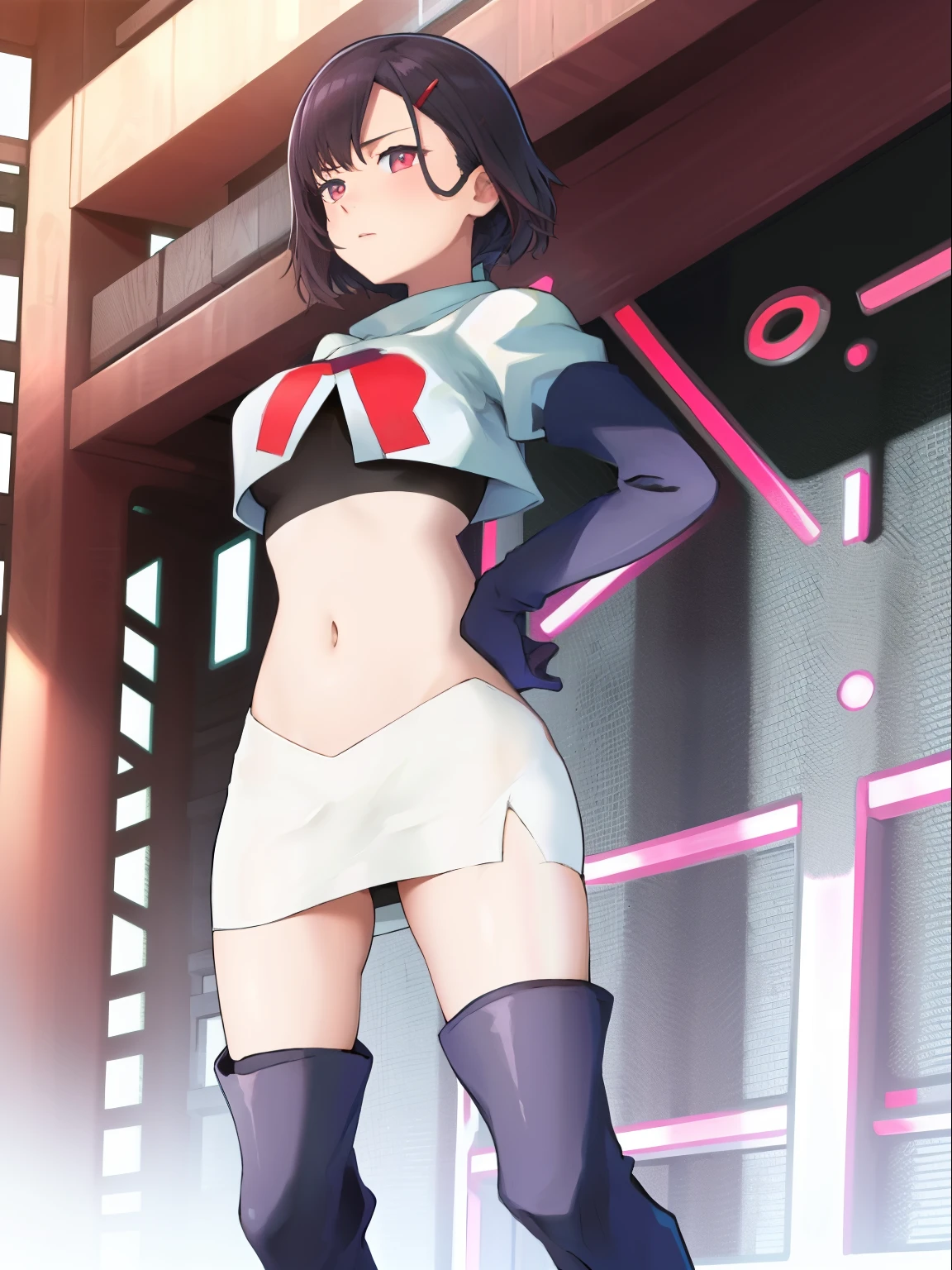 masterpiece, best quality, MShizukaV4, 1girl, solo, hair ornament, navel, medium breasts, standing, hairclip, team rocket, team rocket uniform, red letter R, white skirt, white crop top, black thigh-high boots, black elbow gloves,