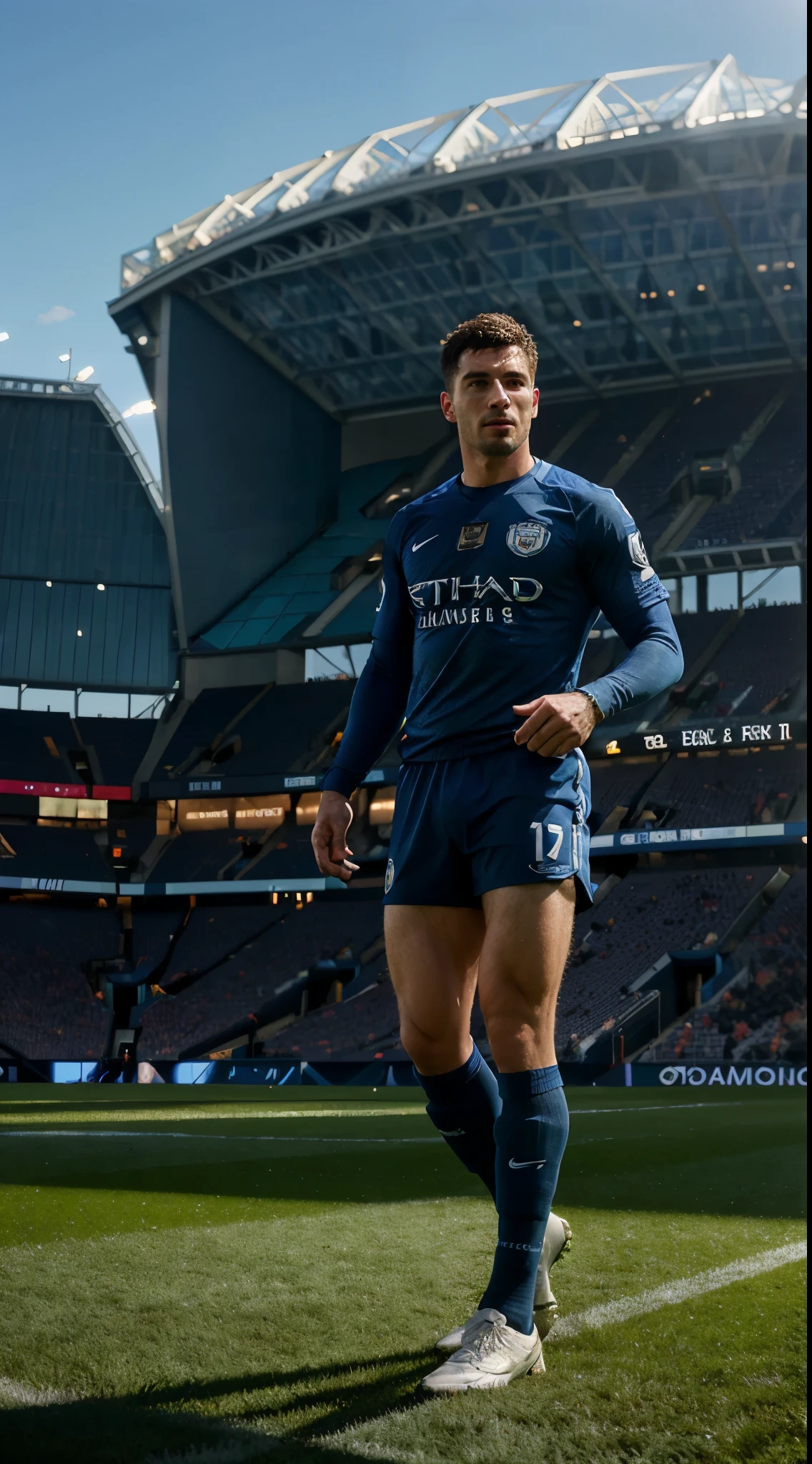 A man wearing Manchester city football jersey, looking at the audience, portrait, highly detailed POV, rich colors, very realistic, lifelike texture, dramatic lighting, standing in the football Etihad Stadium, detailed symmetrical realistic face, very natural texture detailed, highly detailed, stunning , fine details, realistic photos, RAW photos, high quality, high resolution, sharp focus, highly detailed, cinematic lighting, Best image quality, high resolution, full body,、playing along the stadium, Ball, ( ((see full body))), Edge Of Realism, lifelike textures, dramatic lighting, hdr, Etihad stadium