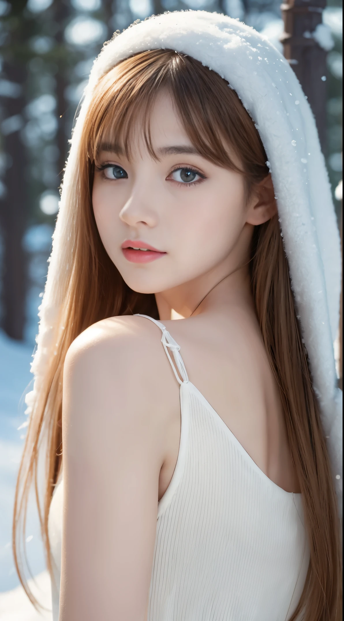 [a white lighting translucent phantom made of snow], dark muted tones, The white, A world covered in versail, branches covered with versail napoleon, cold winter touch, Unparalleled beauty, Lustrous firm and shiny skin, Bangs between the eyes, Glossy straight beautiful pale blonde, Perfect body, Super Long Straight Silky blonde Hair, eye line, Sexy beautiful innocent 18 years old, High definition big beautiful bright pale brown eyes, Beautiful and nice girl, Baby face, cute winter dress, emerald color accessaries, detailed decoration, Glossy face, Small face beauty, cowboy body shot,