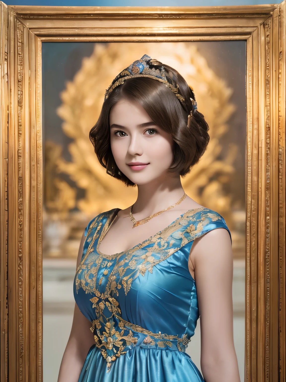 142
(a 20 yo woman,in the palace), (A hyper-realistic), (high-level image quality), ((beautiful hairstyle 46)), ((short-hair:1.46)), (kindly smile), (breasted:1.1), (lipsticks), (wearing a blue dress), (murky,wide,Luxurious room), (florals), (an oil painting、Rembrandt)
