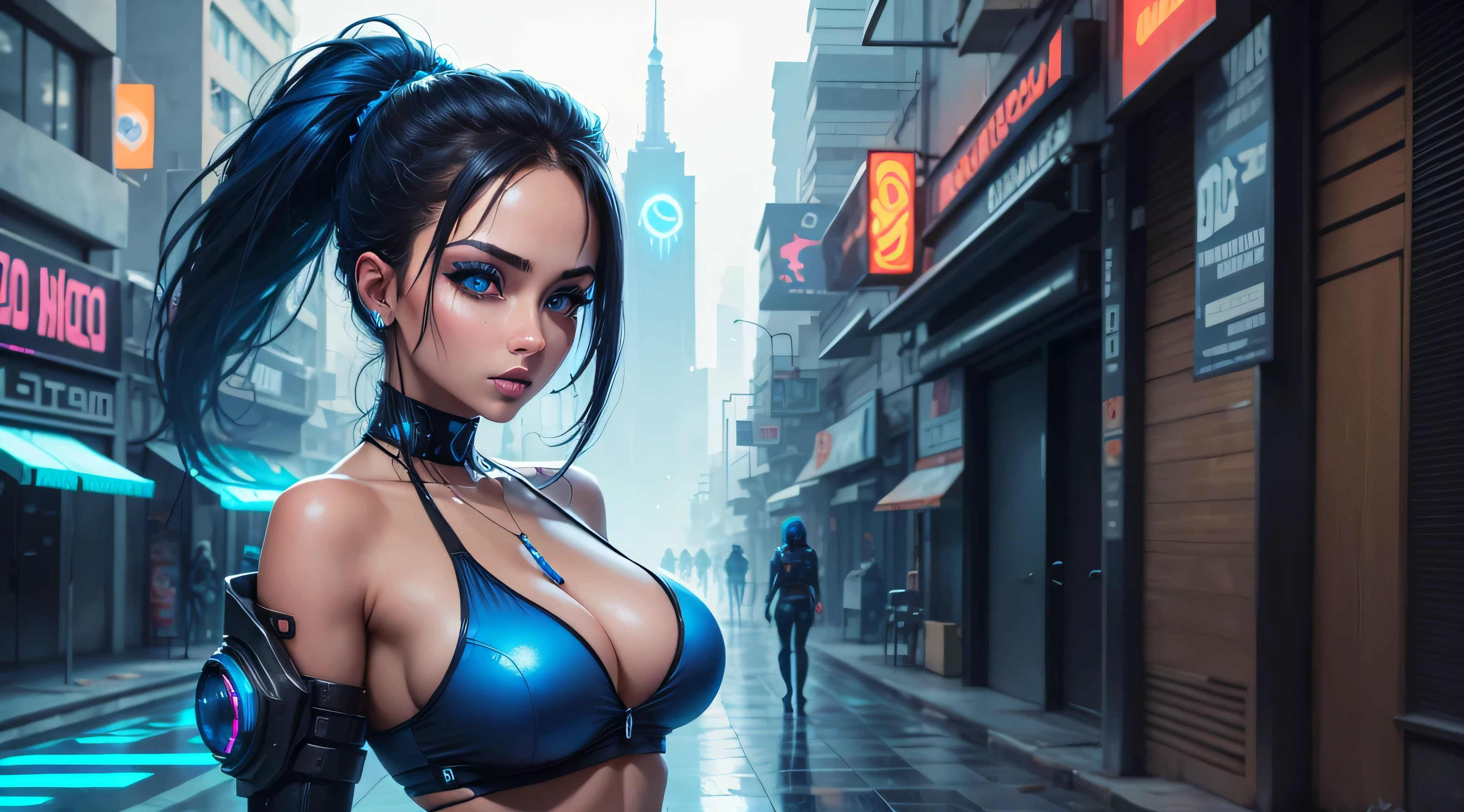 mujer hermosa, ojos azules , en bikini , estililo cyber punk en la ciudad