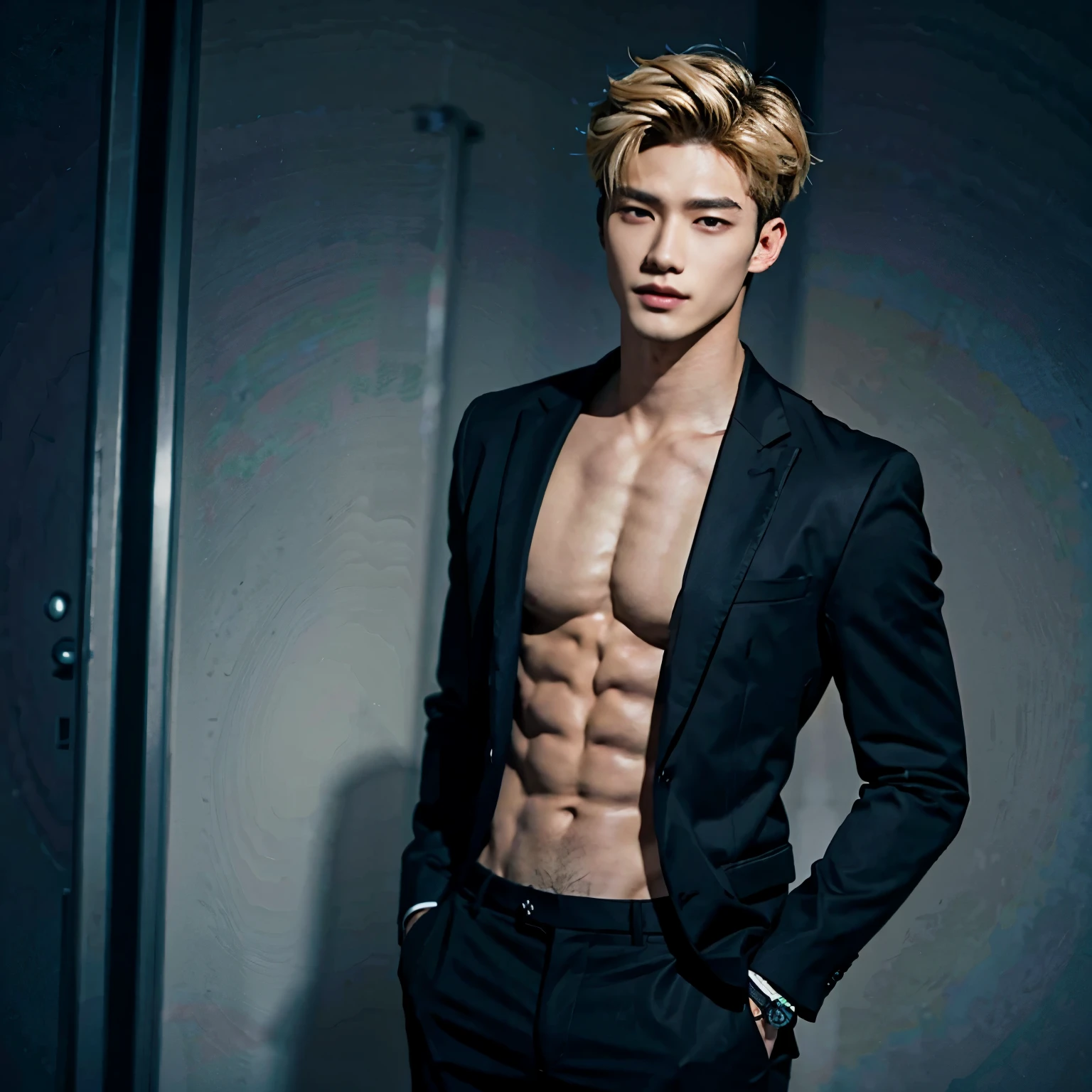 Black Blazer, Abs, No Shirt, Baggy Formal Pants, Male, Blonde Hair, Medium Length, Perfect Facial Symmetry, Perfect Nose, Handsome Nice Smile, Almond Eyes and Korean. One Male, Alone, Single Person, Handsome Smirk. Wolfcut. Single Male, One Person. SINGLE CHARACTER