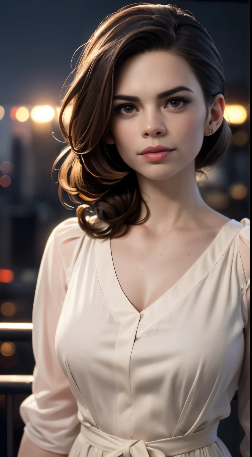 photo of Hayley Atwell, RAW, beautiful woman, ((portrait)), ((detailed face:1.2)), ((detailed facial feature, detailed skin, clear skin), (perfect proportioned body), (wearing a colorful drop waist dress) (high detailed city environment, apartment balcony), (realistic photo, best quality, detailed), (8k wallpaper), (cinematic lighting, dramatic lighting) (sharp focus, intricate)