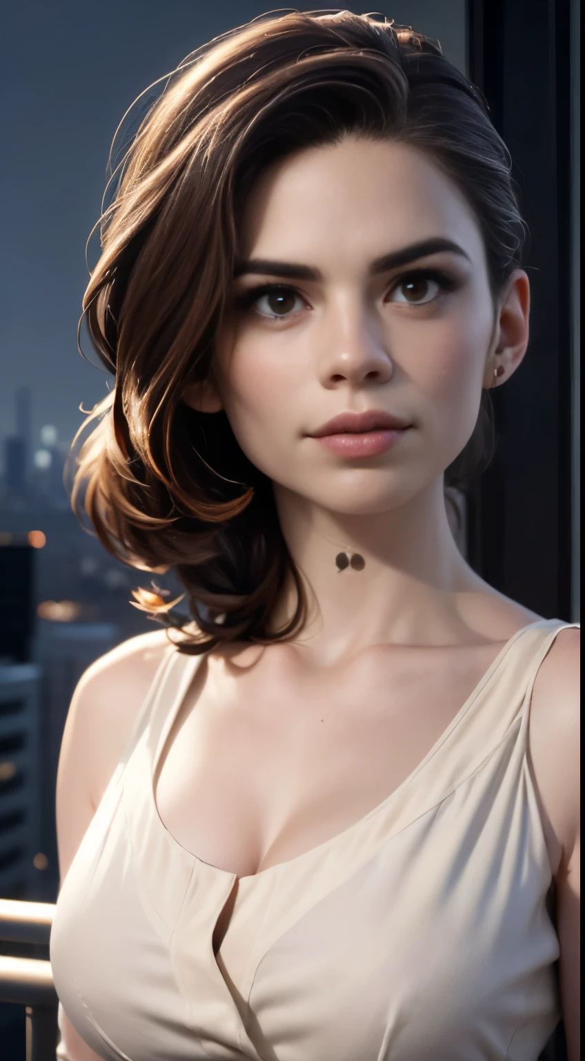 photo of Hayley Atwell, RAW, beautiful woman, ((portrait)), ((detailed face:1.2)), ((detailed facial feature, detailed skin, clear skin), (perfect proportioned body), (wearing a colorful drop waist dress) (high detailed city environment, apartment balcony), (realistic photo, best quality, detailed), (8k wallpaper), (cinematic lighting, dramatic lighting) (sharp focus, intricate)