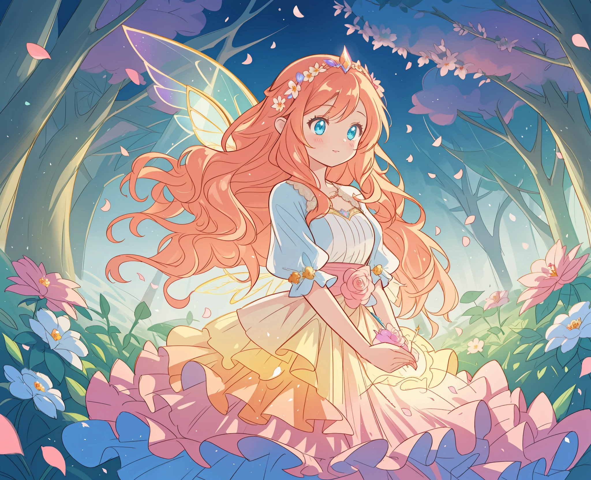 beautiful girl in tiered gradient ballgown dress, gradient warm color ballgown, ((layered flower petal skirt)), fairy dress, fairy queen, magical forest background, (glowing fairy wings), glowing flowing ballgown, long wavy hair, sparkling fairy wings, watercolor illustration, flowers and colorful plants, inspired by Glen Keane, inspired by Lois van Baarle, disney art style, by Lois van Baarle, glowing aura around her, by Glen Keane, jen bartel, glowing lights! digital painting, flowing glowing hair, glowing flowing hair, beautiful digital illustration, fantasia otherworldly landscape plants flowers, beautiful, masterpiece, best quality, anime disney style