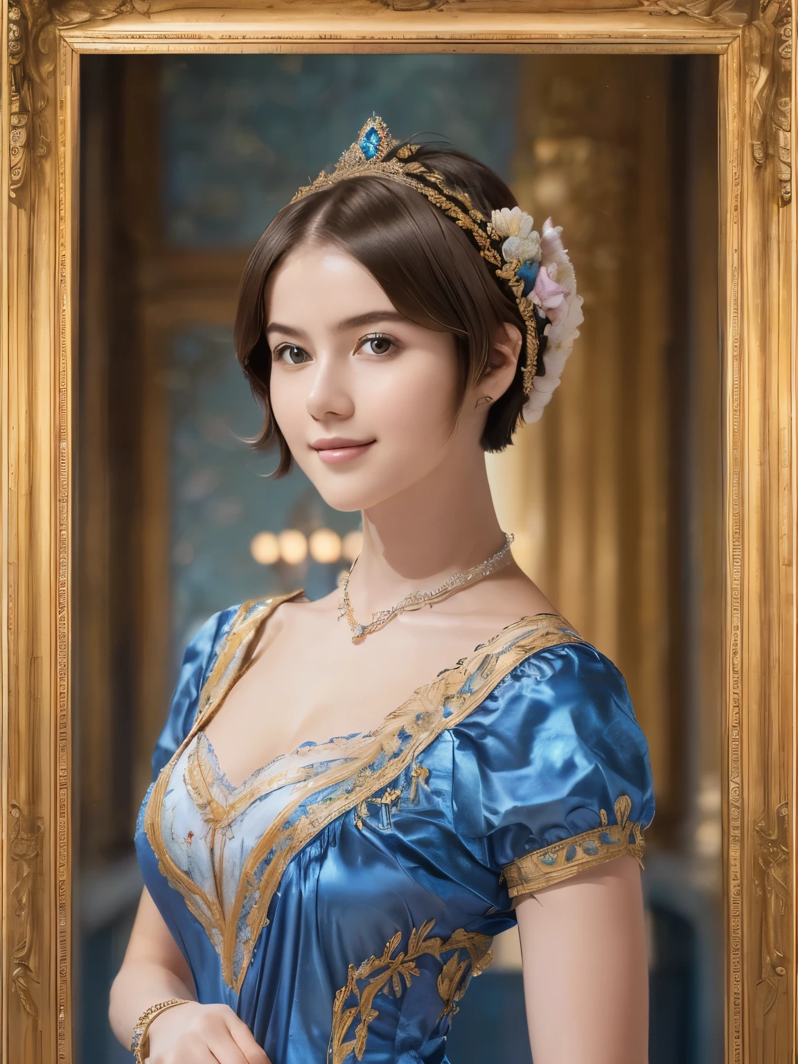 142
(a 20 yo woman,in the palace), (A hyper-realistic), (high-level image quality), ((beautiful hairstyle 46)), ((short-hair:1.46)), (kindly smile), (breasted:1.1), (lipsticks), (wearing a blue dress), (murky,wide,Luxurious room), (florals), (an oil painting、Rembrandt)