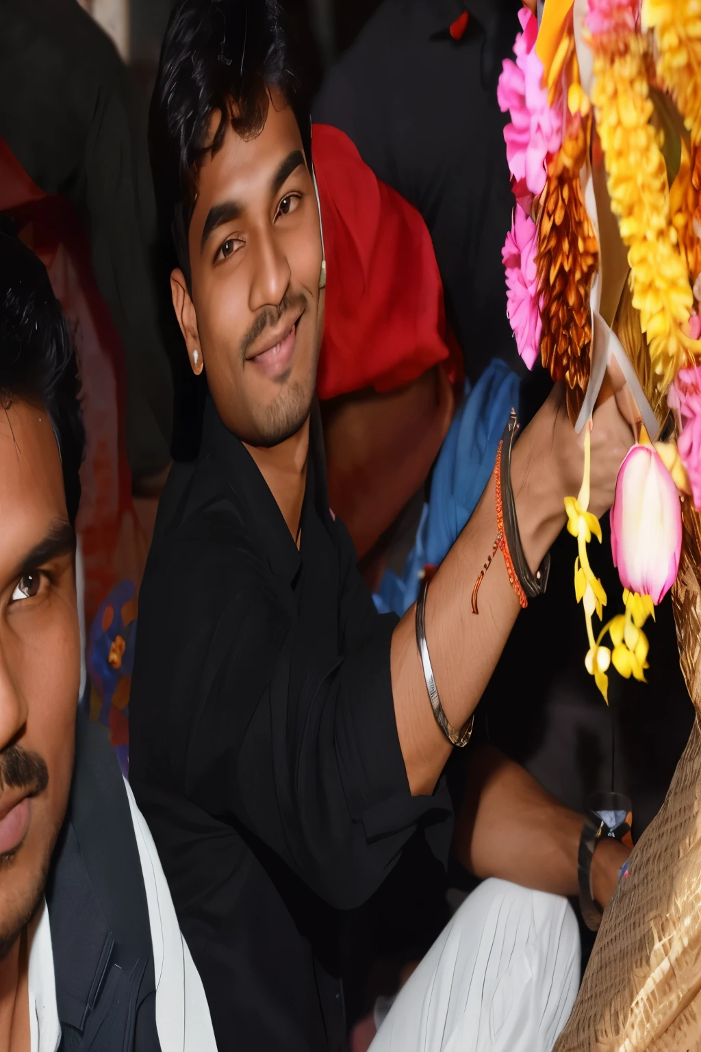 there is a man holding a bunch of flowers in his hand, candid picture, candid photograph, with flowers, very very low quality picture, beautiful man, with a beautifull smile, jayison devadas, very artistic pose, candid!! dark background, portait image, picture, at night time, photo taken in 2 0 2 0, ayan nag, candid photography